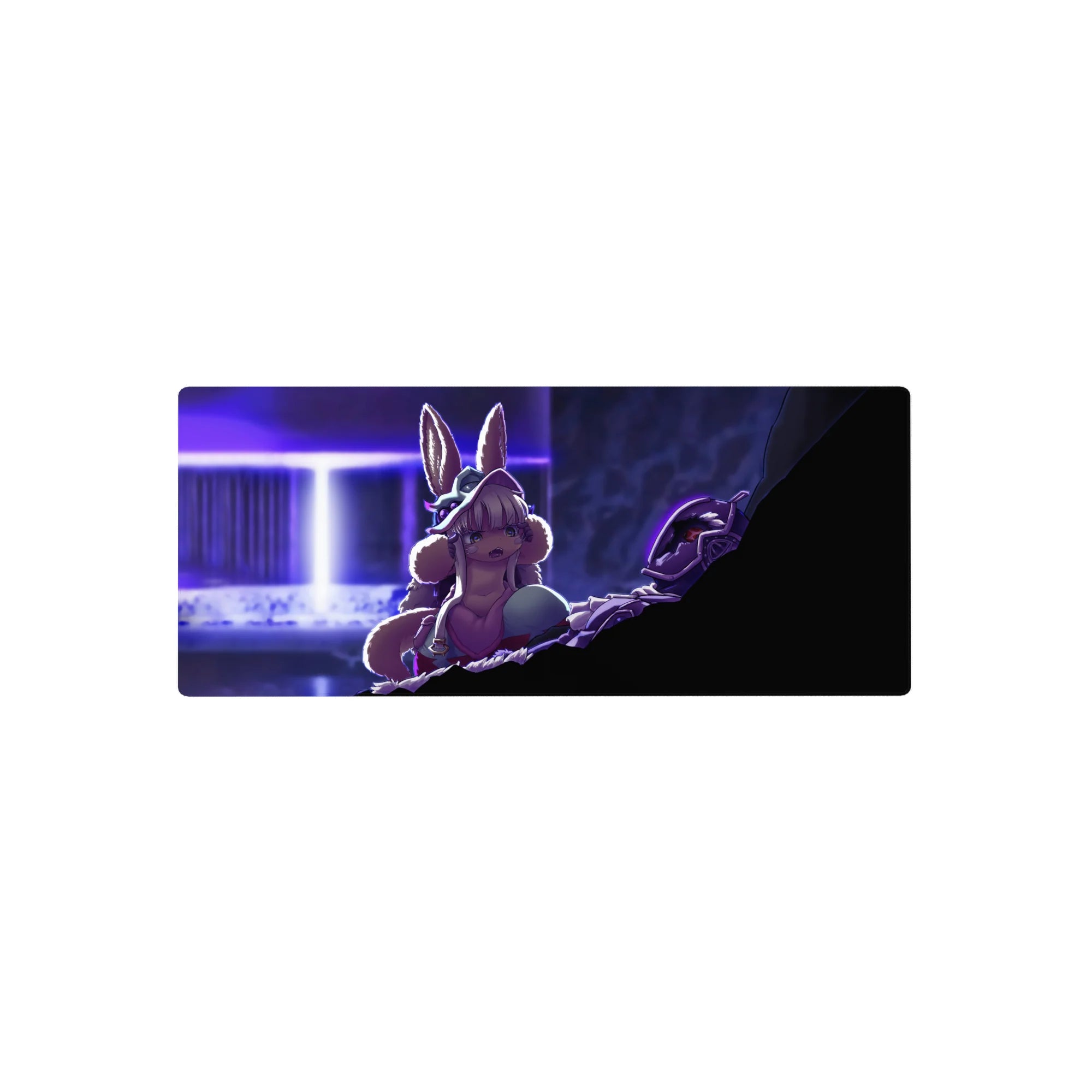 28x12 inches anime mouse pad with bunny-eared heroine, fluffy collar, blue outfit, and looming armored foe.