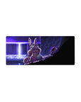 28x12 inches anime mouse pad with bunny-eared heroine, fluffy collar, blue outfit, and looming armored foe.