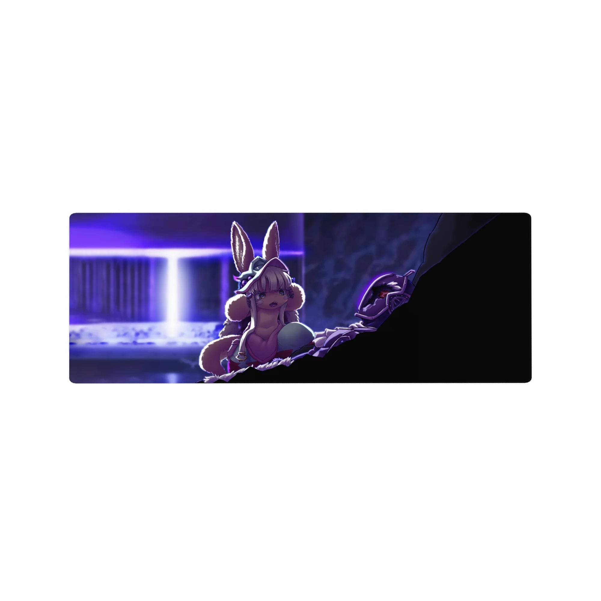 Anime mouse pad 32x12 inches with bunny-eared heroine, fluffy collar, and looming armored figure.