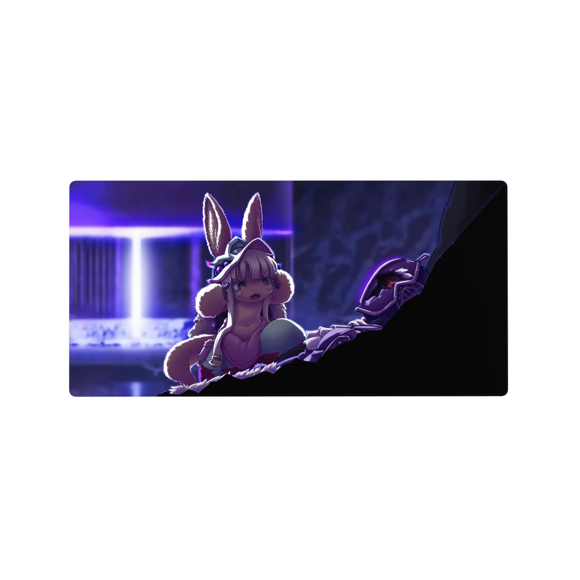 32x16 inches anime mouse pad with bunny-eared heroine, fluffy collar, neon doorway, and looming armored figure.
