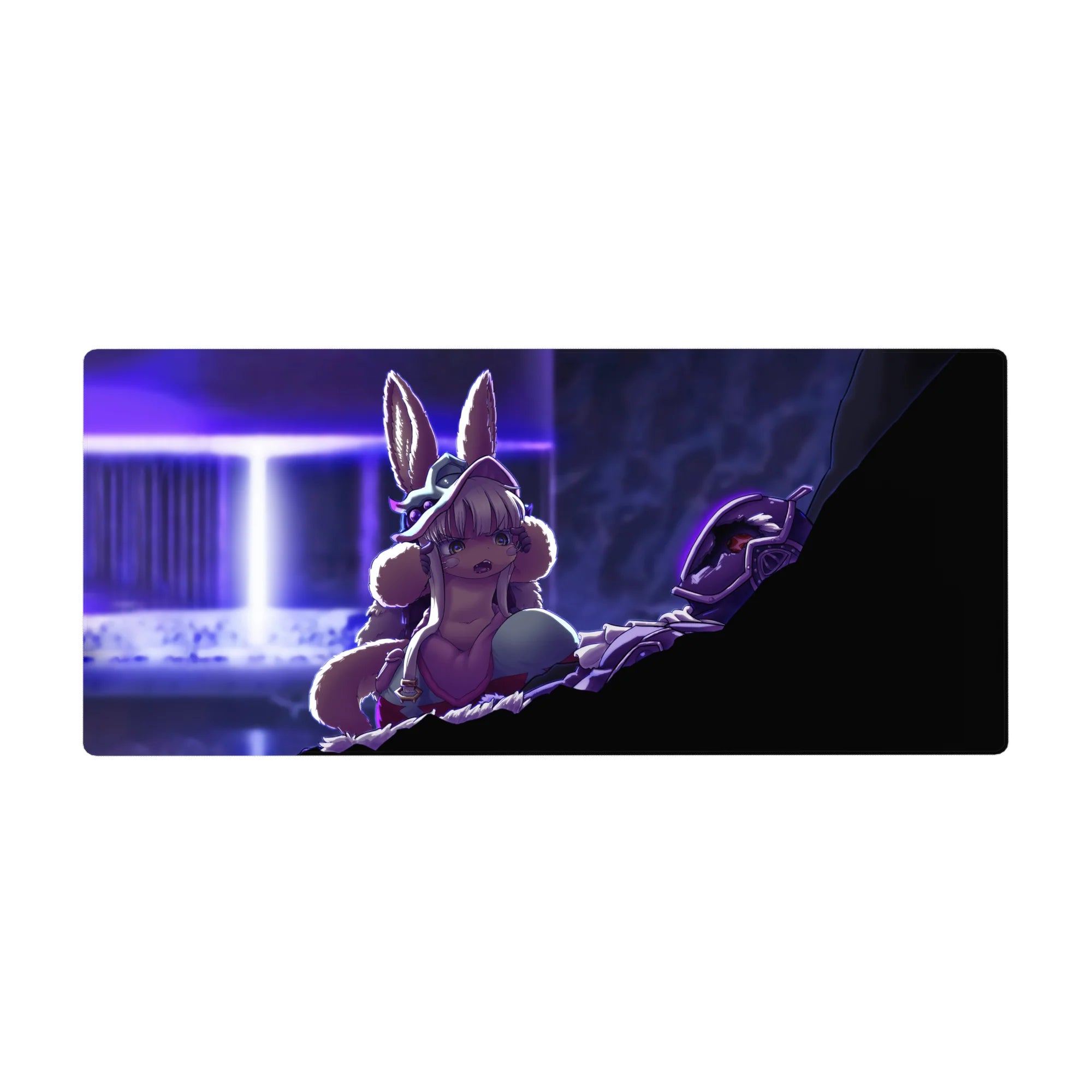 36x16 inches anime desk pad with bunny-eared heroine, neon doorway backdrop, and looming armored figure.