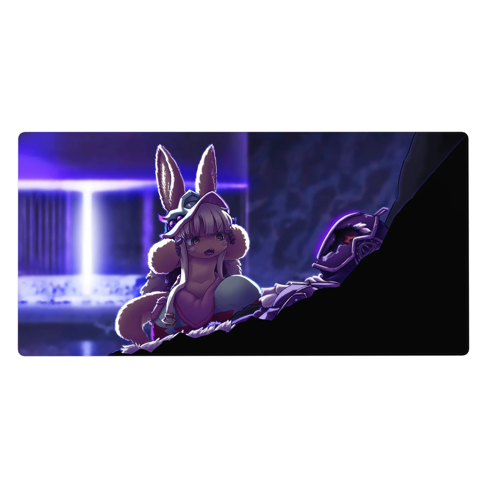 Anime desk pad 40x20 inches with bunny-eared heroine, fluffy collar, neon doorway, and looming armored foe.