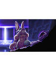 Anime desk pad 40x20 inches with bunny-eared heroine, fluffy collar, neon doorway, and looming armored foe.