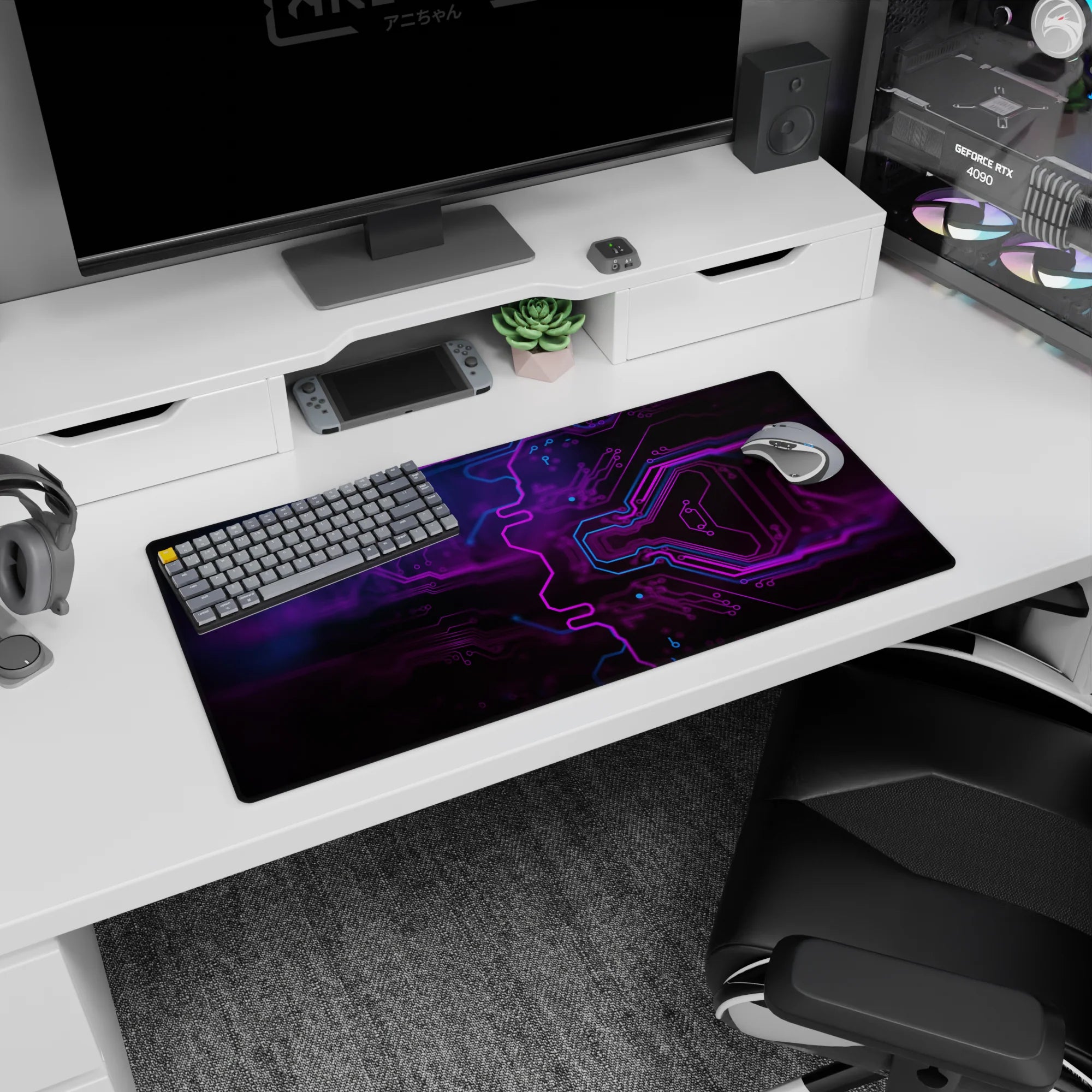 Abstract Deskmat | Mousepad | Deskpad - Neon Circuit Flow - AniChan