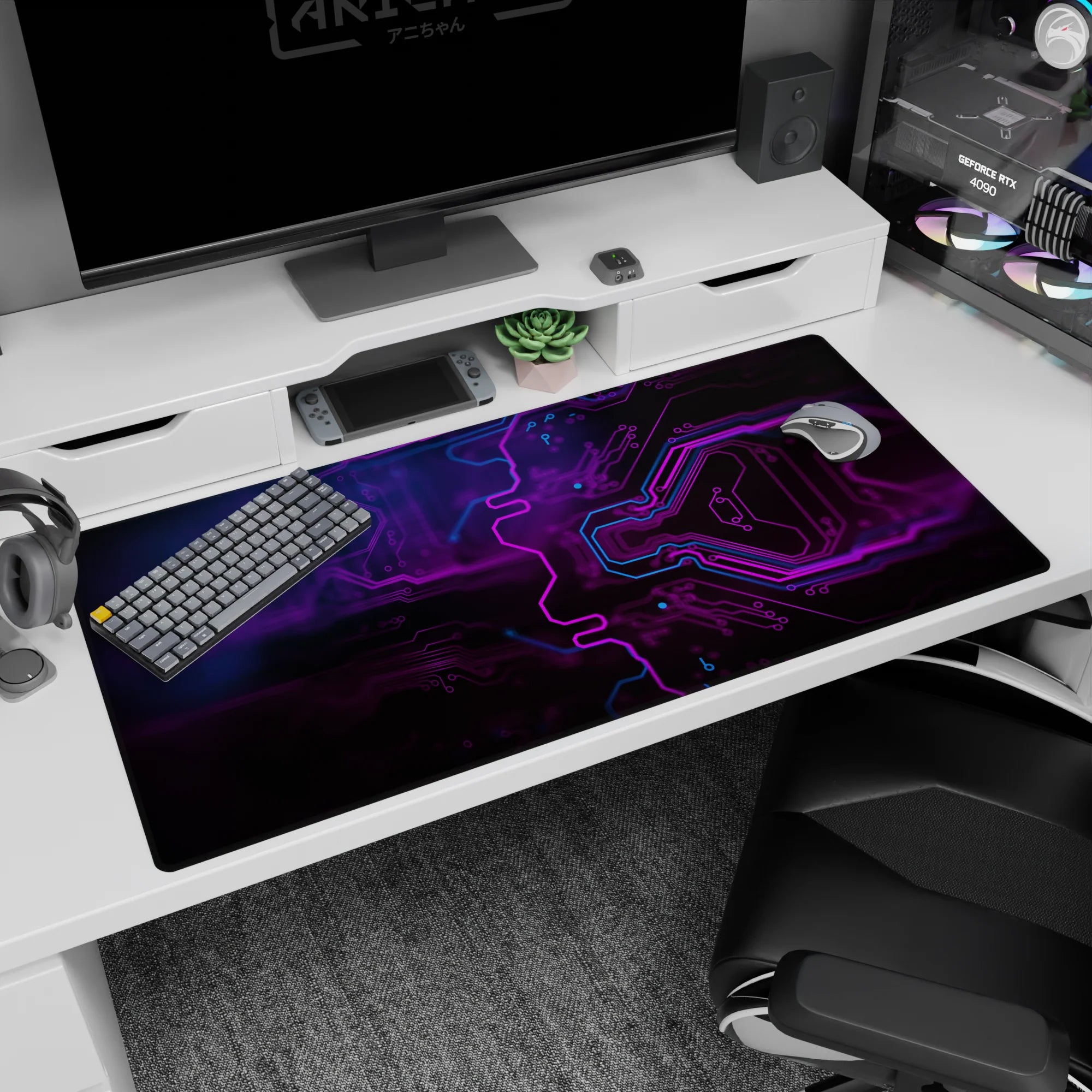 Abstract Deskmat | Mousepad | Deskpad - Neon Circuit Flow - AniChan