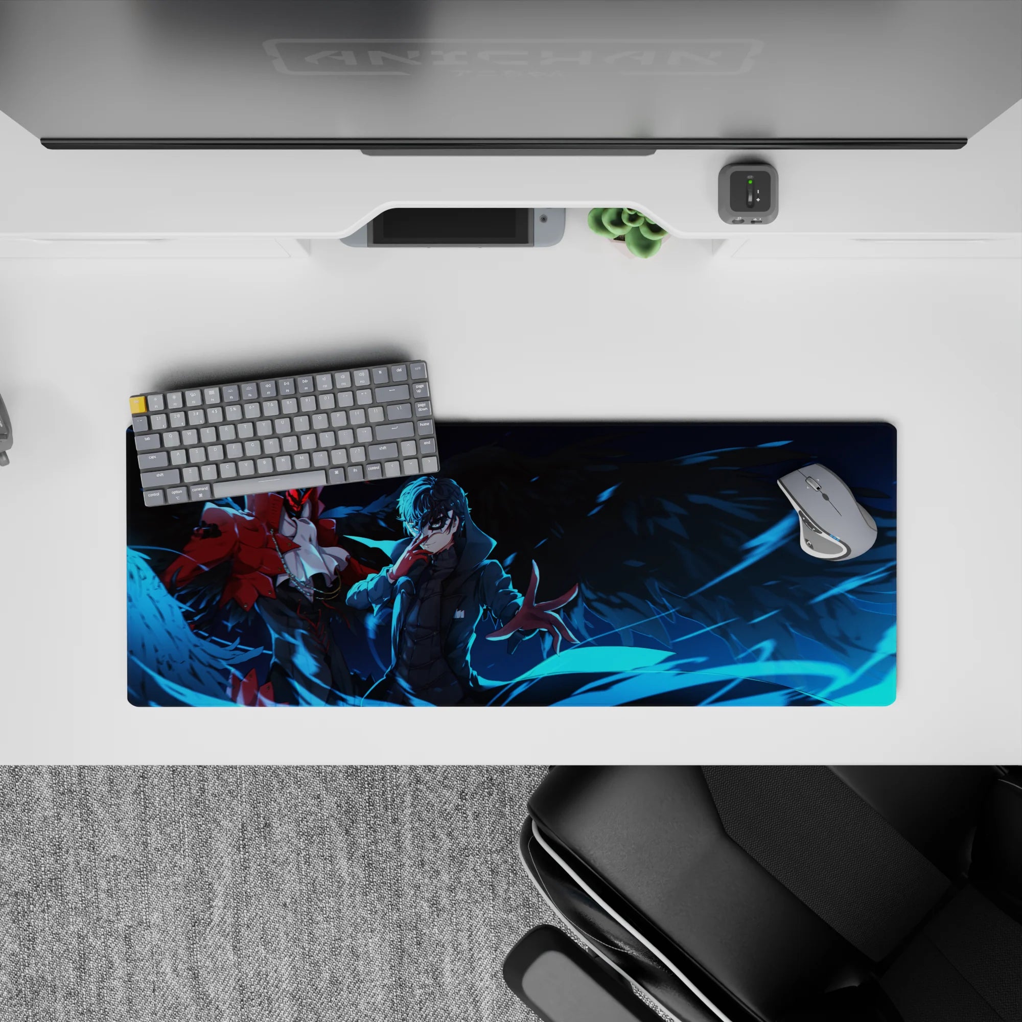 Anime mouse pad 32x12 inches featuring Joker and Arsène from Persona 5, with deep blues and fiery red accents.