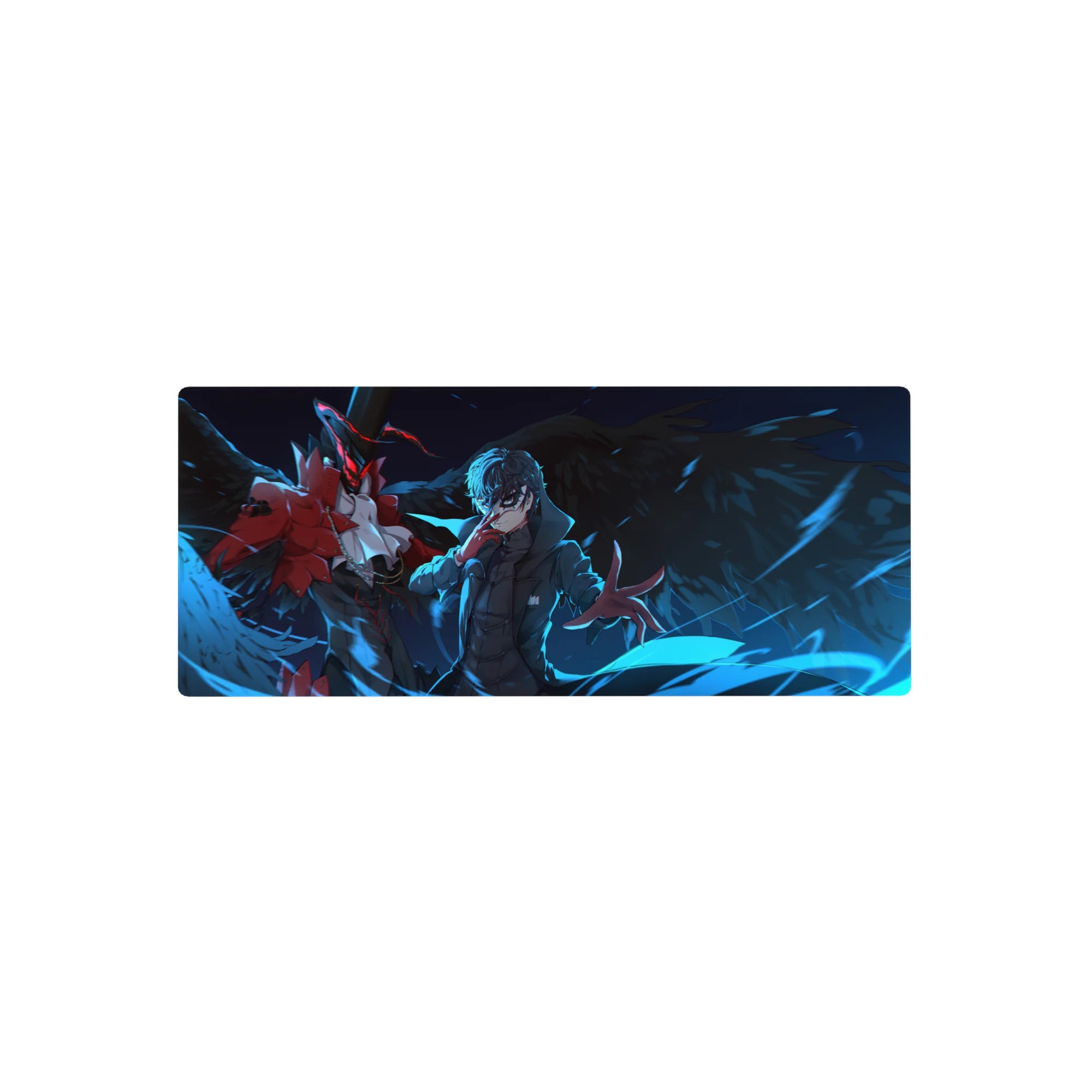 Anime mouse pad 28x12 inches featuring Joker and Arsène from Persona 5, with deep blues and fiery red accents.