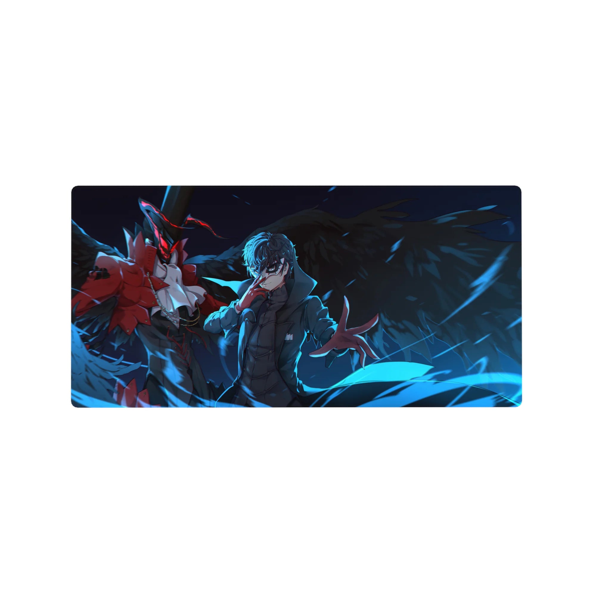 Anime mouse pad 32x16 inches featuring Joker from Persona 5 with Arsène, deep blues and fiery red accents in night scene.