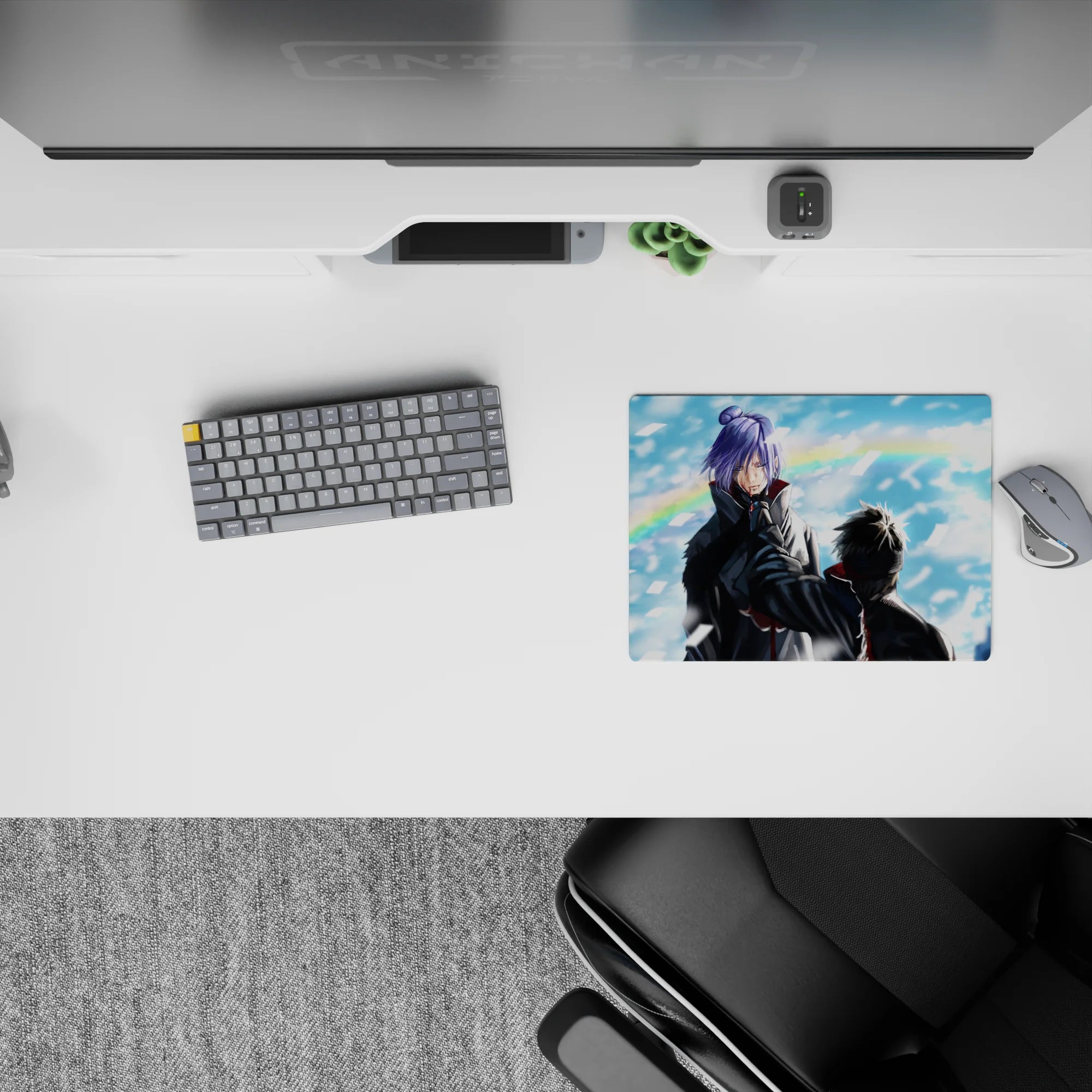 Cool blue anime mouse pad 14x10 inches with sharp whites, stormy energy, and crisp dramatic vibe.