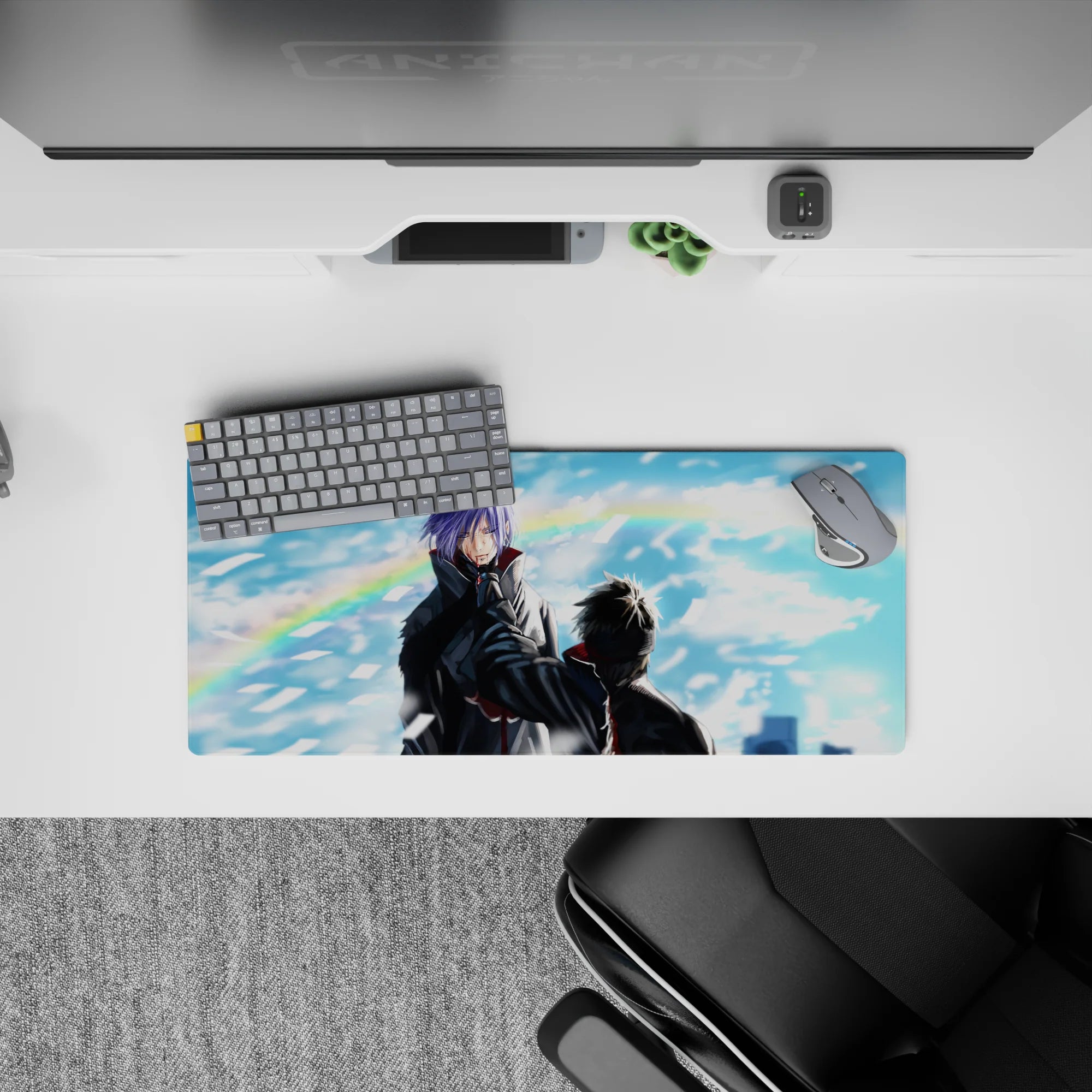 Blue-and-white dramatic anime mouse pad 28x12 inches with snowy paper shards and a soft rainbow glow.
