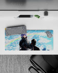 Blue-and-white dramatic anime mouse pad 28x12 inches with snowy paper shards and a soft rainbow glow.