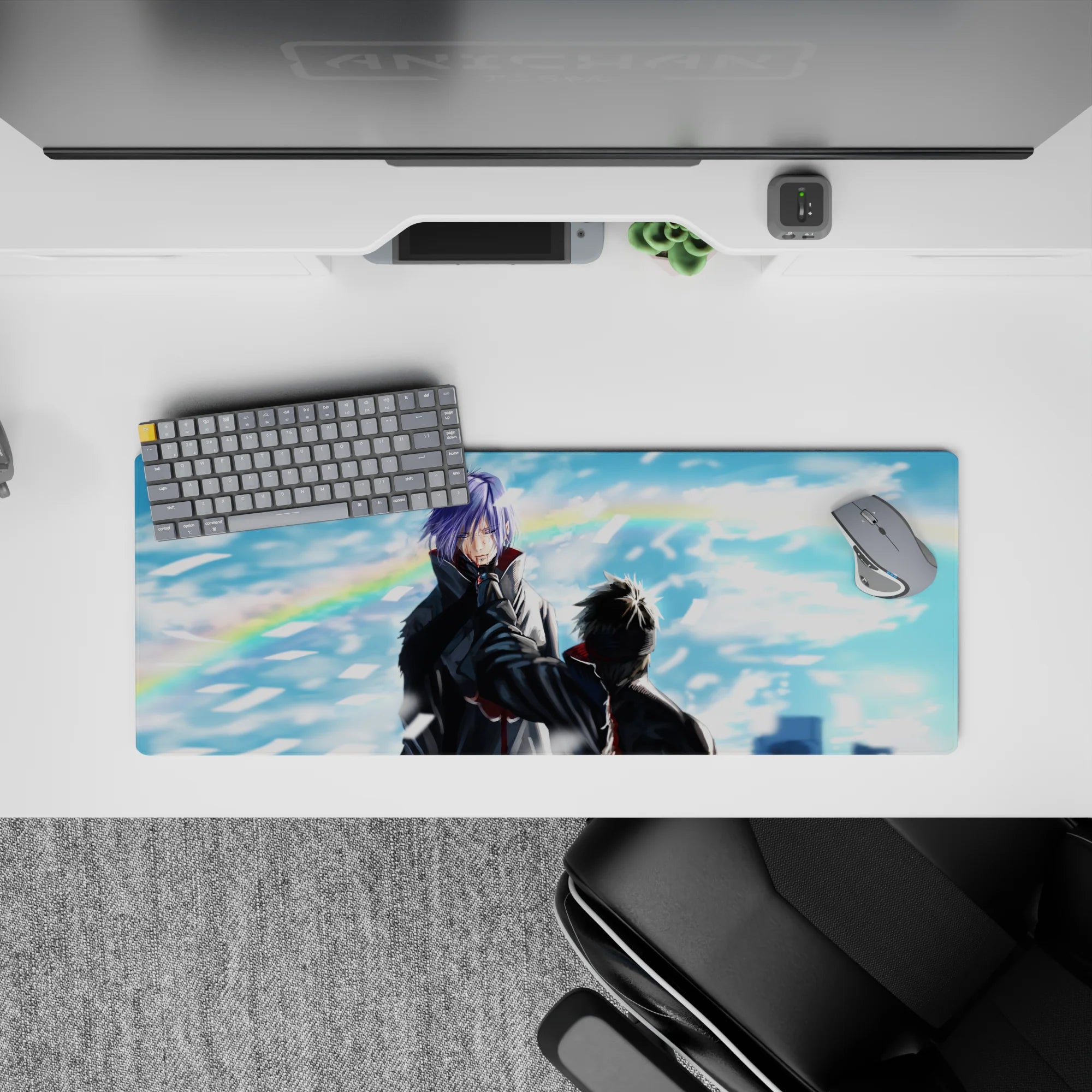 Anime mouse pad 32x12 inches in cool blues and sharp whites, snowy paper shards and a soft rainbow glow.