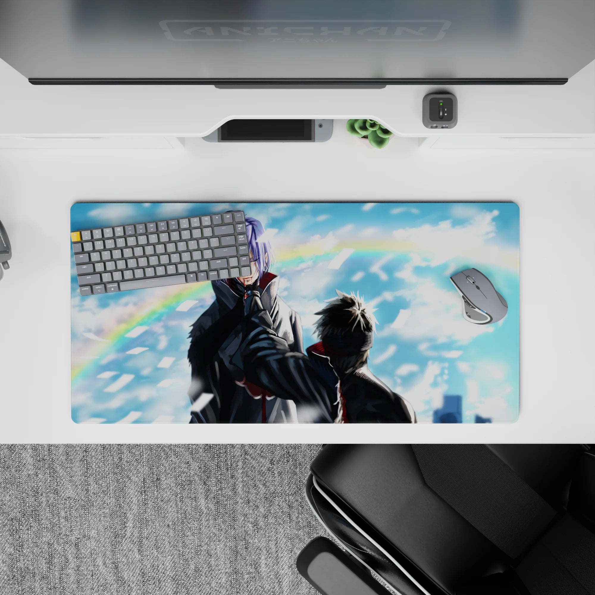 32x16 inches anime mouse pad in cool blues and sharp whites, dramatic stormy mood with swirling paper like snow.