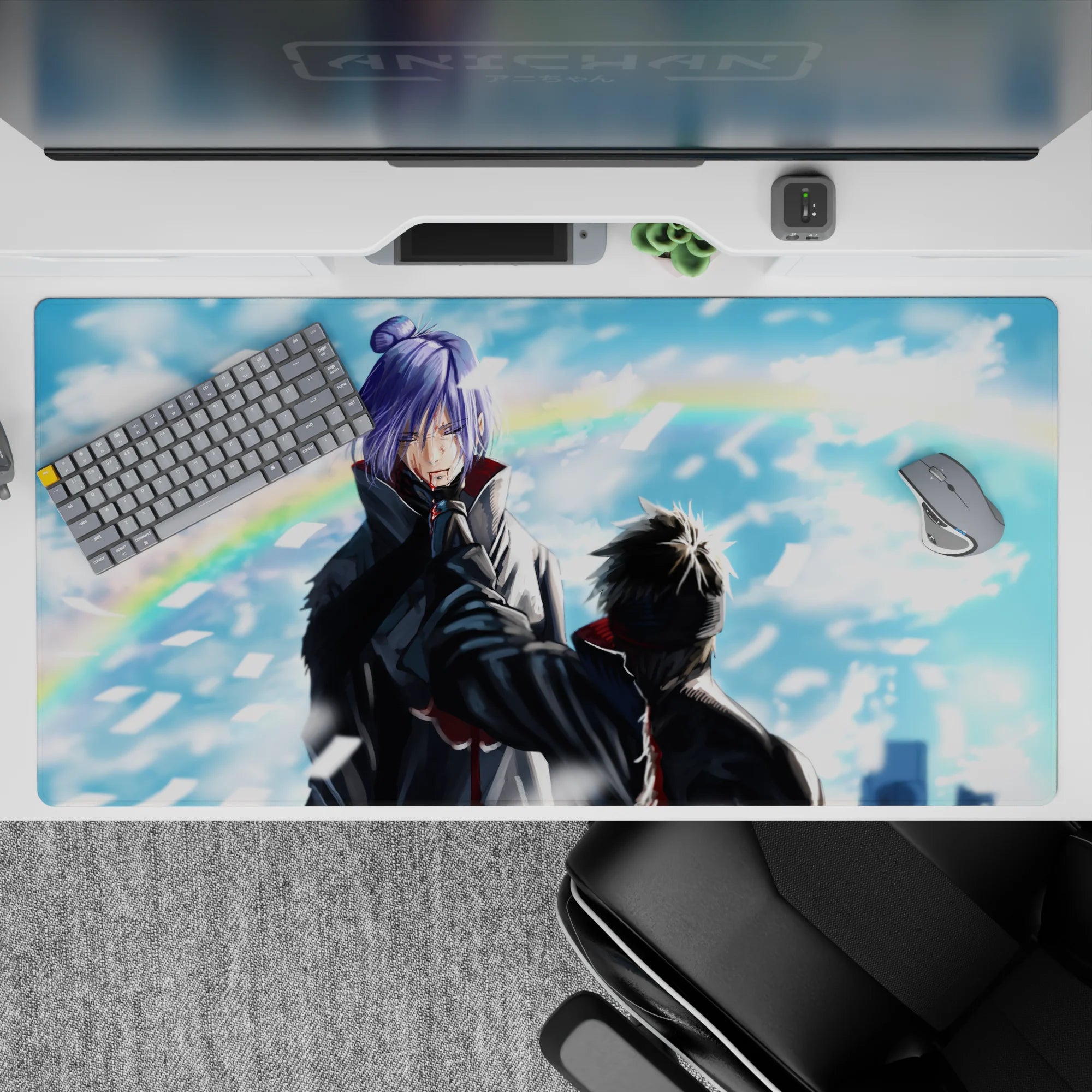 40x20 inches anime desk pad in cool blues and sharp whites, dramatic stormy mood with swirling paper.