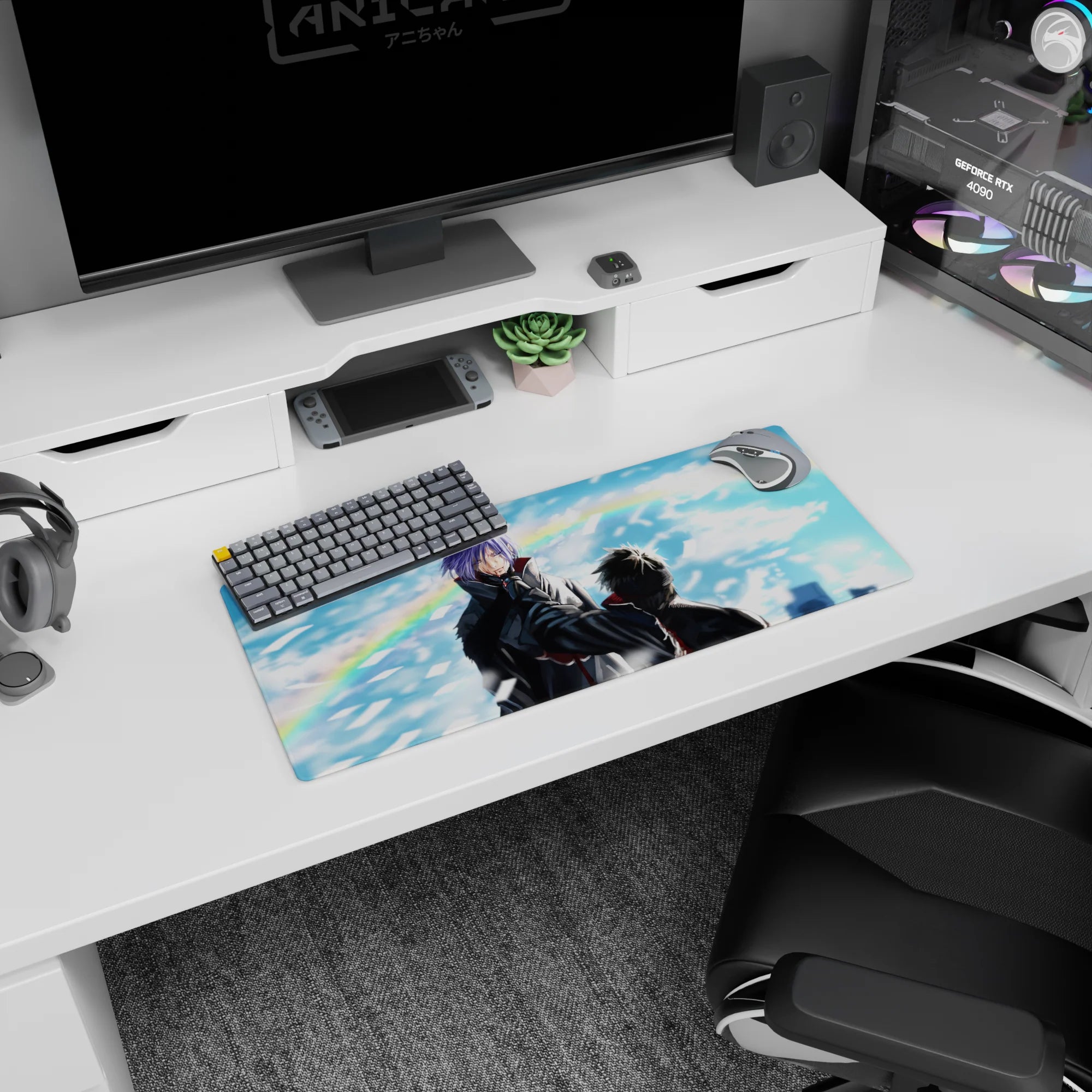 Konan facing Pain scene anime mouse pad 28x12 inches, swirling paper shards in a stormy sky.
