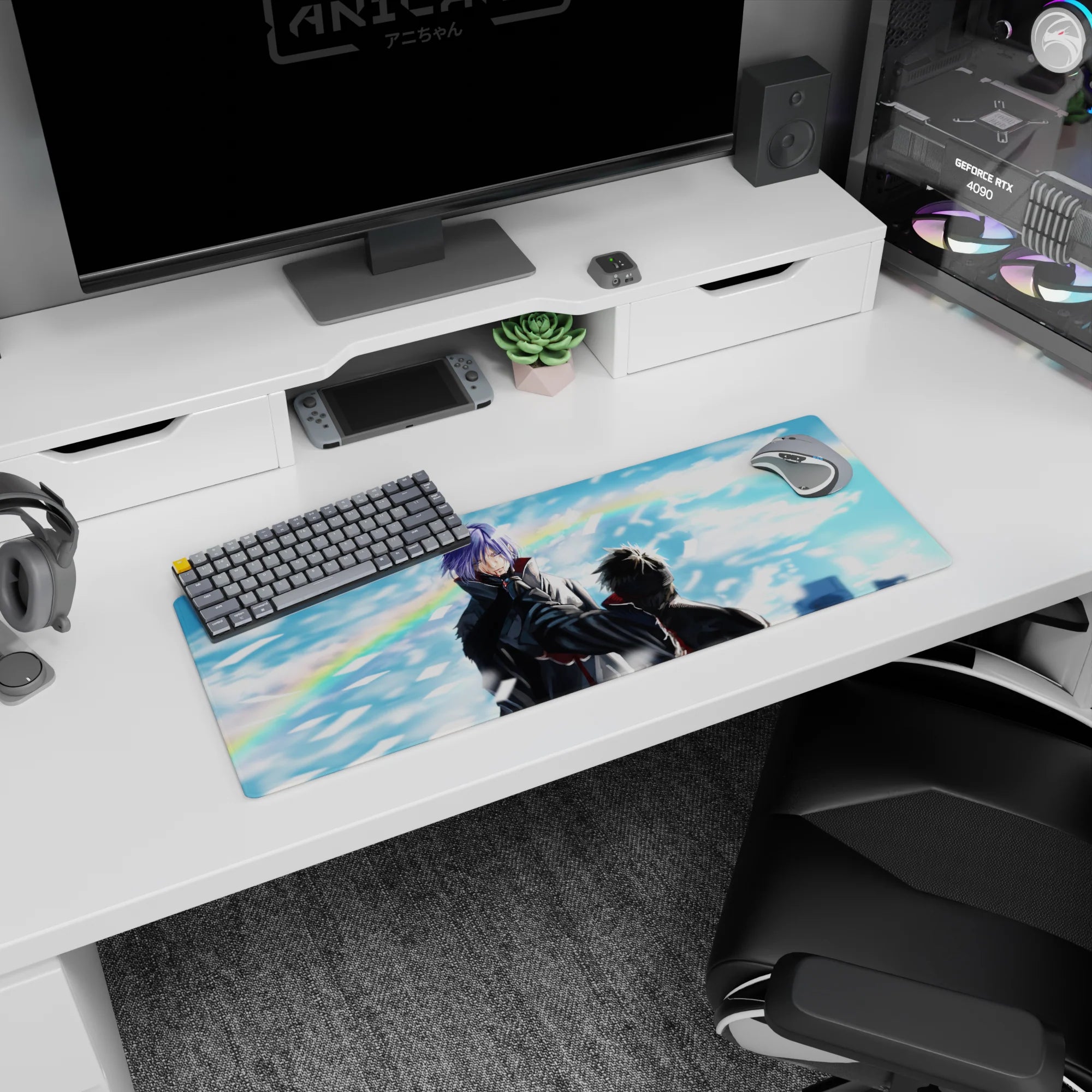 Konan facing Pain anime mouse pad 32x12 inches, dramatic sky scene with drifting paper shards like snow.