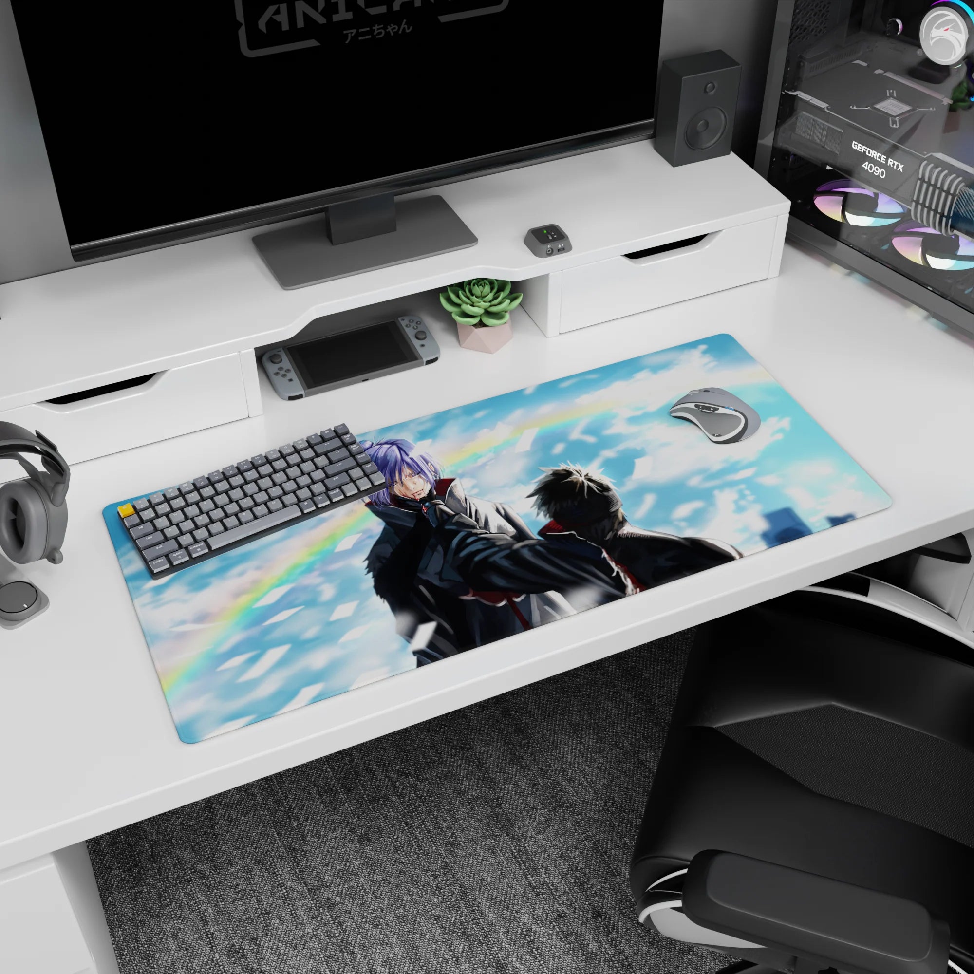 36x16 inches Naruto Shippuden desk pad showing Konan facing Pain in a stormy sky with flying paper.