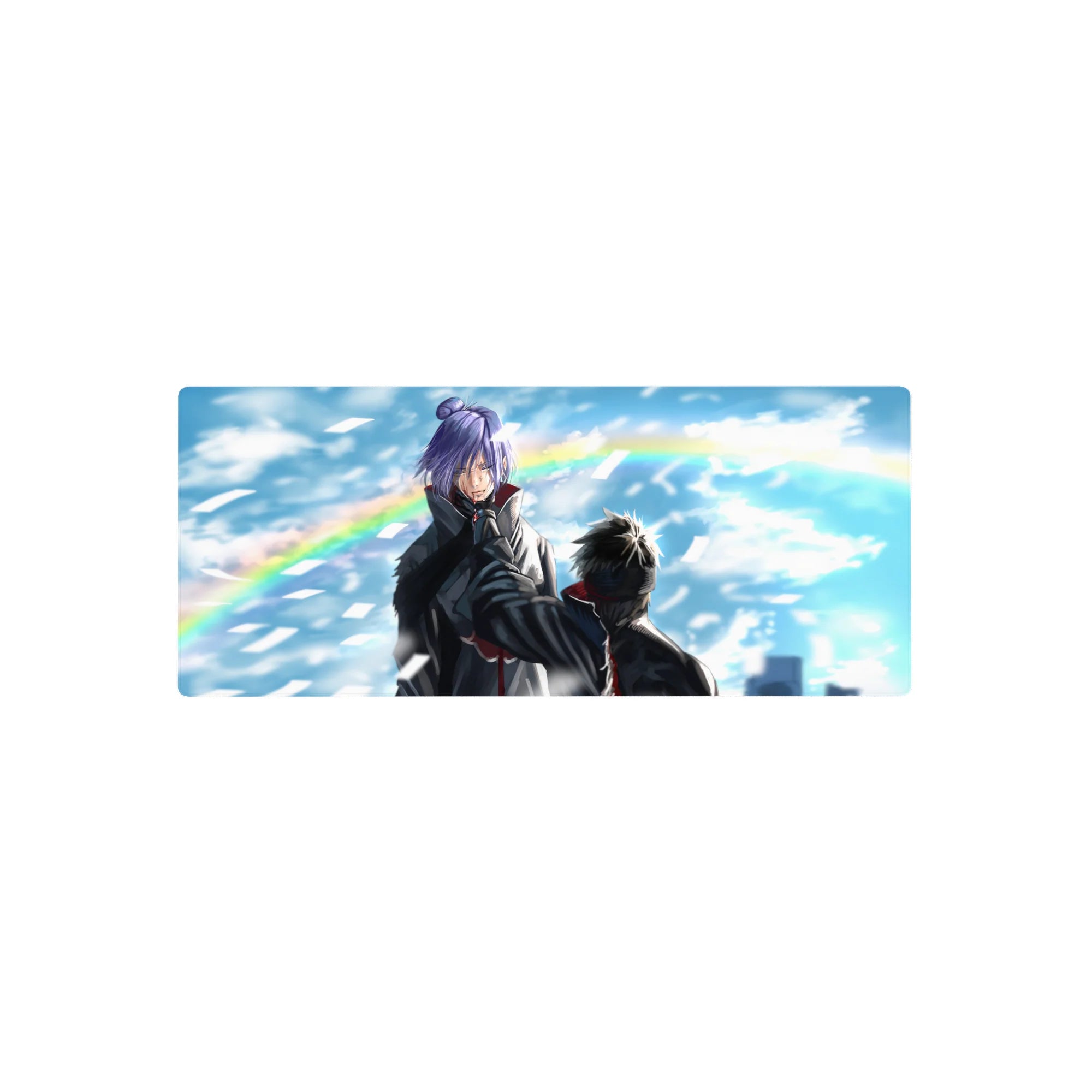 Naruto-inspired anime mouse pad 28x12 inches with paper-shard storm, windy sky, and rainbow backdrop.