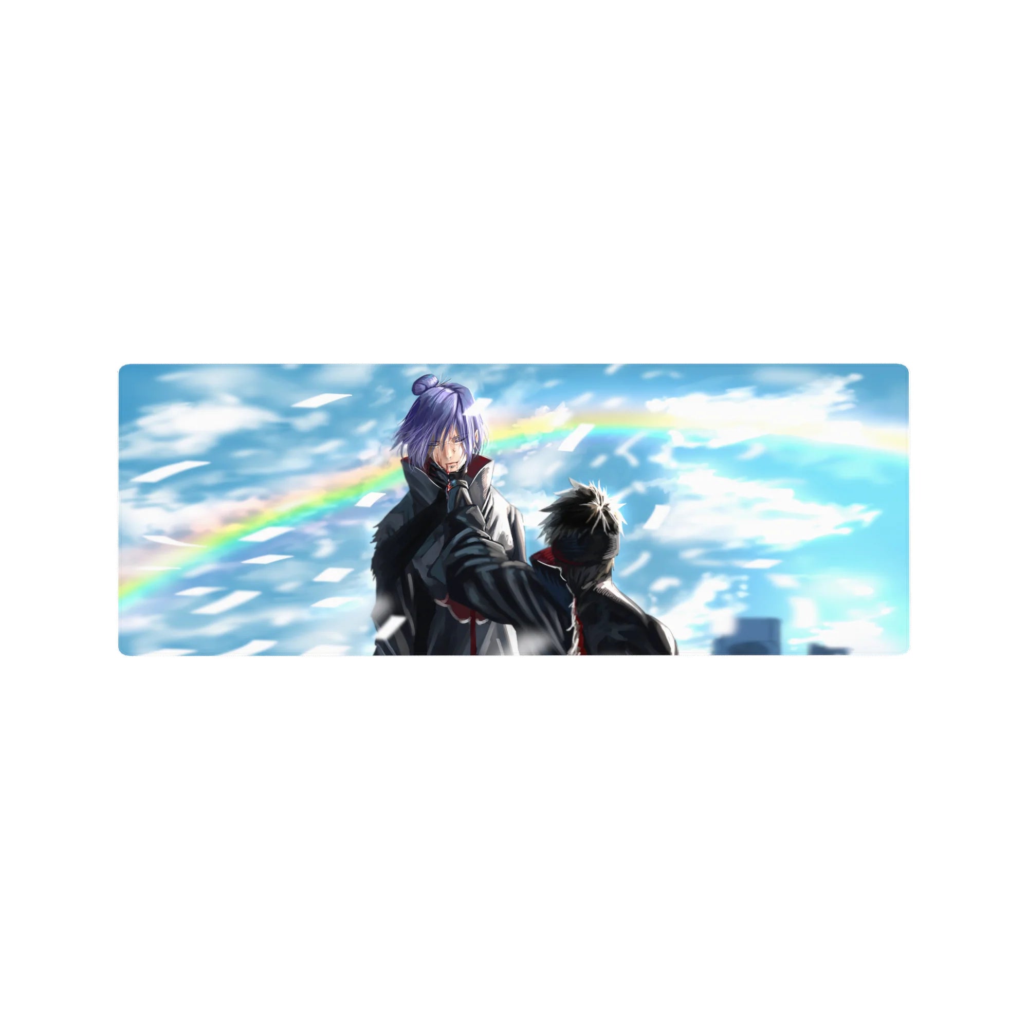 Naruto-inspired anime mouse pad 32x12 inches with Konan vs Pain in a windy sky, paper shards swirling.