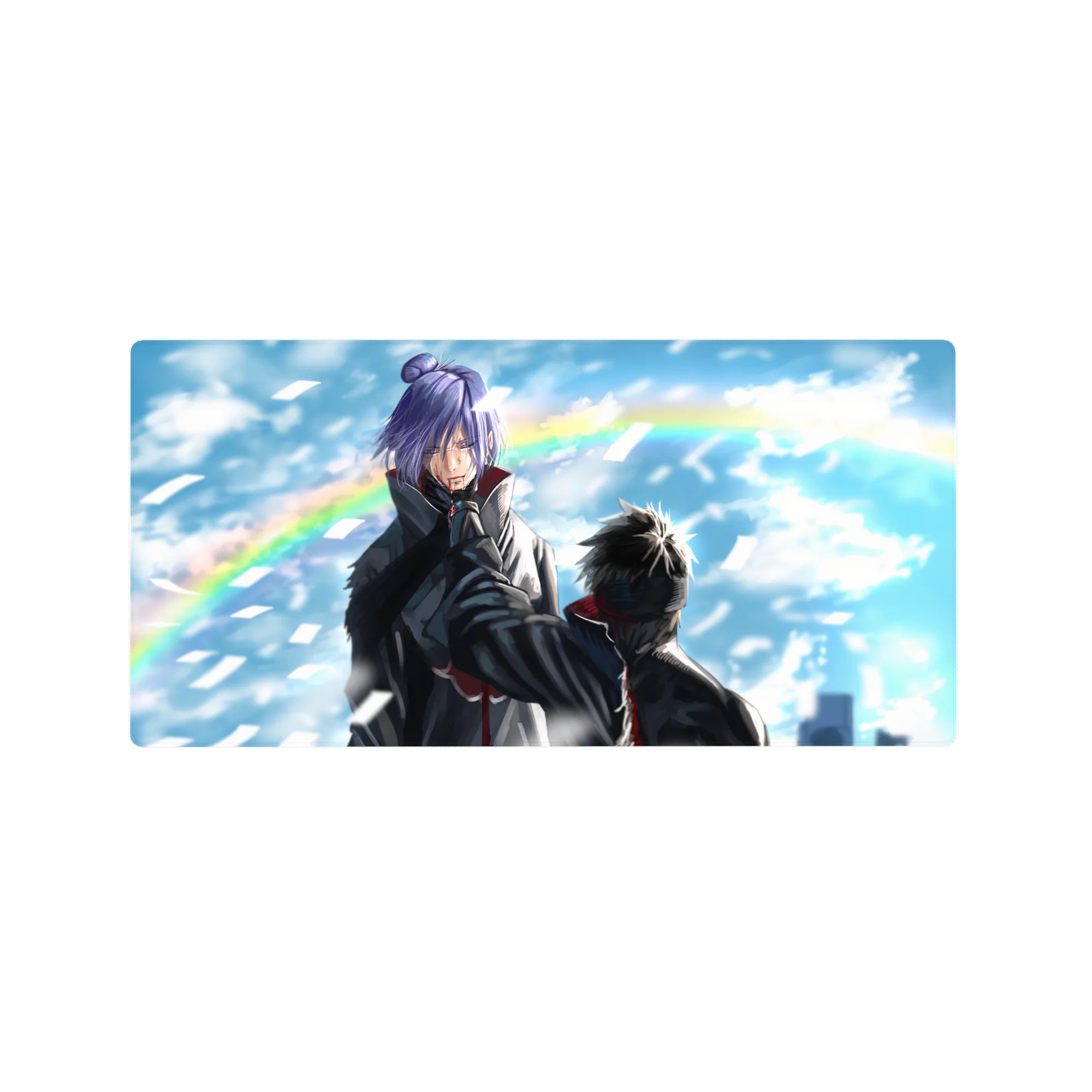Naruto Shippuden-inspired 32x16 inches anime mouse pad with windy sky, paper shards, and rainbow backdrop.