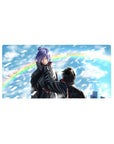 Naruto Shippuden-inspired 32x16 inches anime mouse pad with windy sky, paper shards, and rainbow backdrop.