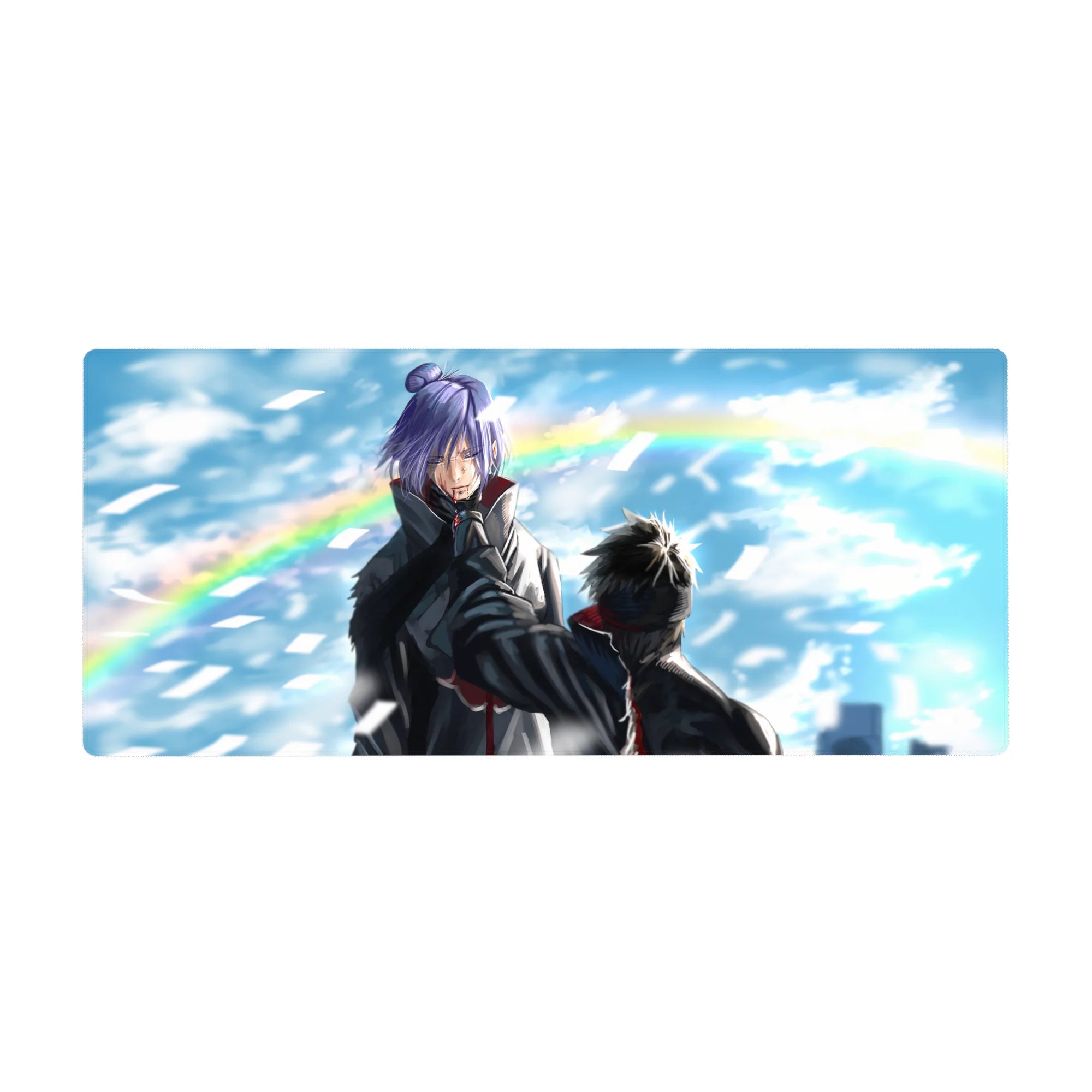 36x16 inches anime desk pad with windy sky scene, paper shards swirling and a soft rainbow backdrop.