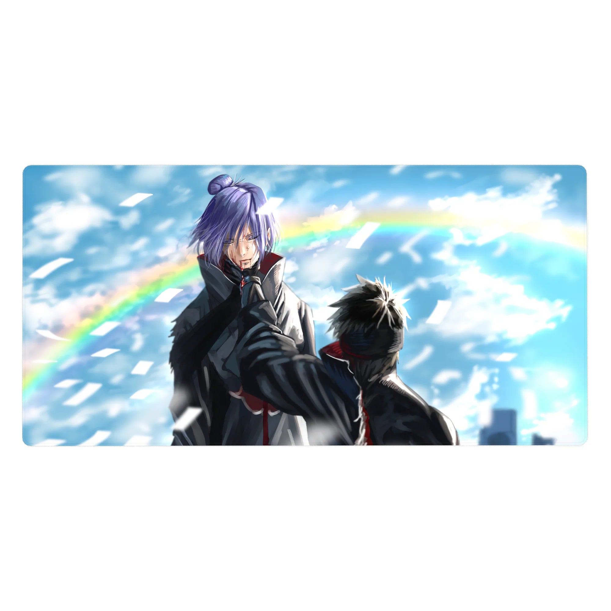 Anime-inspired 40x20 inches desk pad with windy sky, paper shards, and a subtle rainbow backdrop.