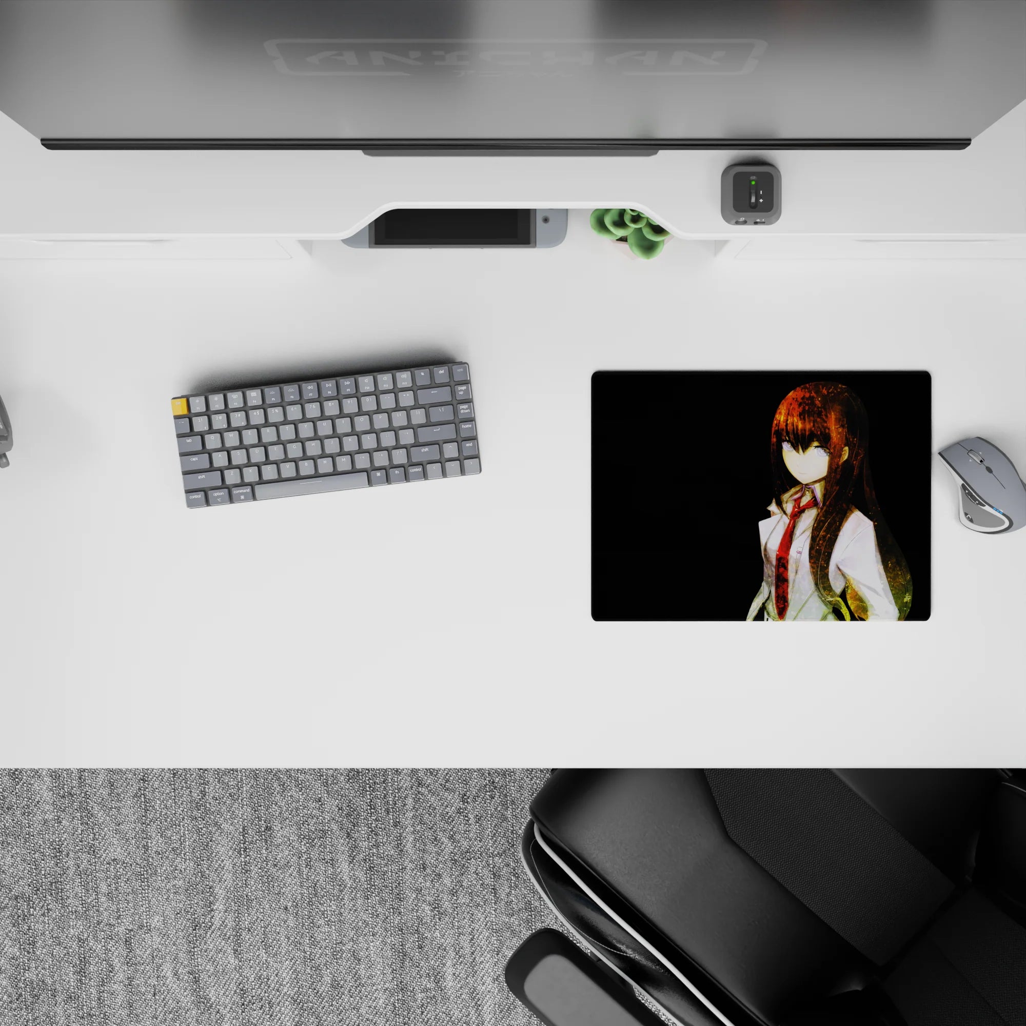 Amber-spark highlights and dark backdrop on a classic anime mouse pad 14x10 inches, calm focused vibe.