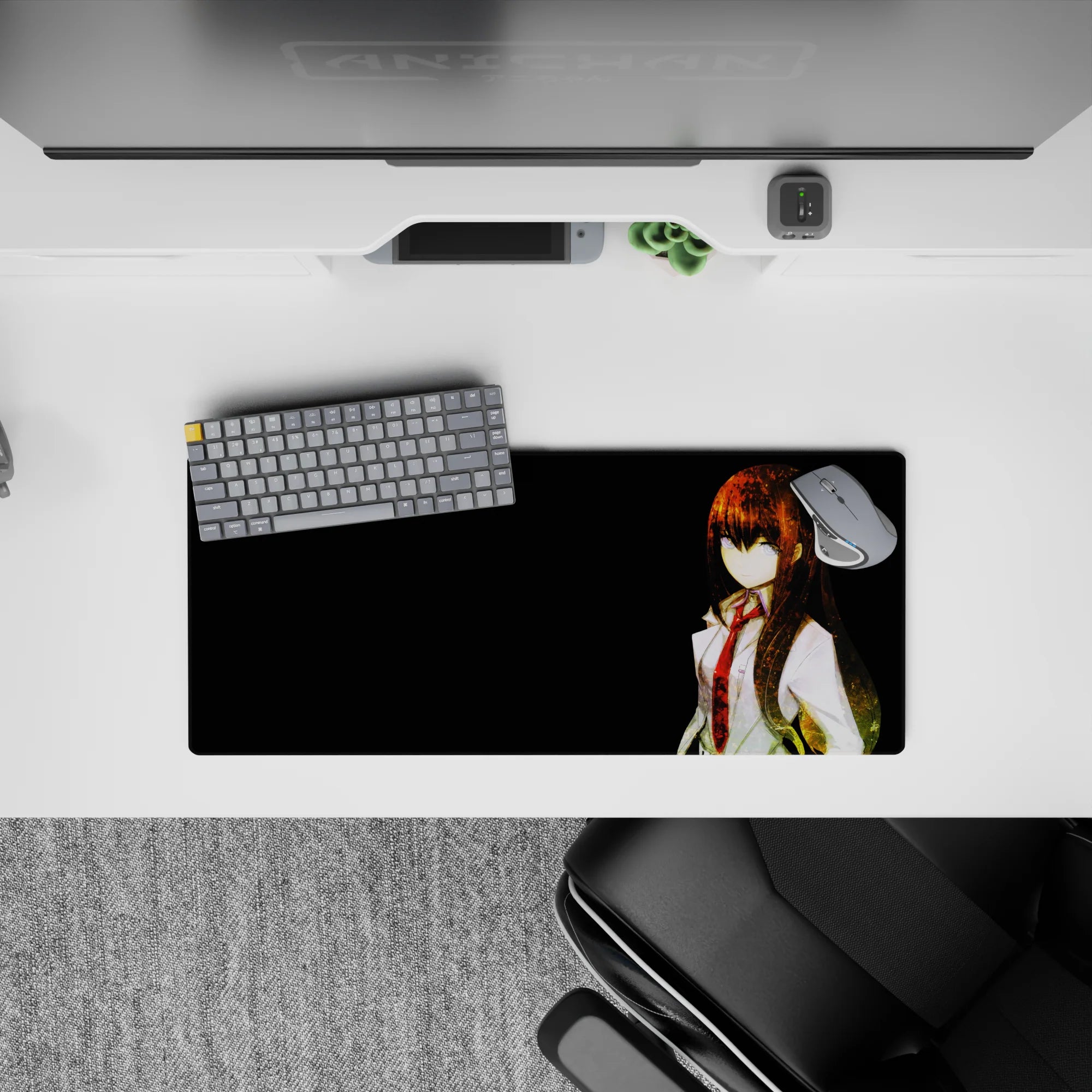 28x12 inches anime mouse pad in warm amber glow, crisp white coat and red tie, moody dark backdrop.