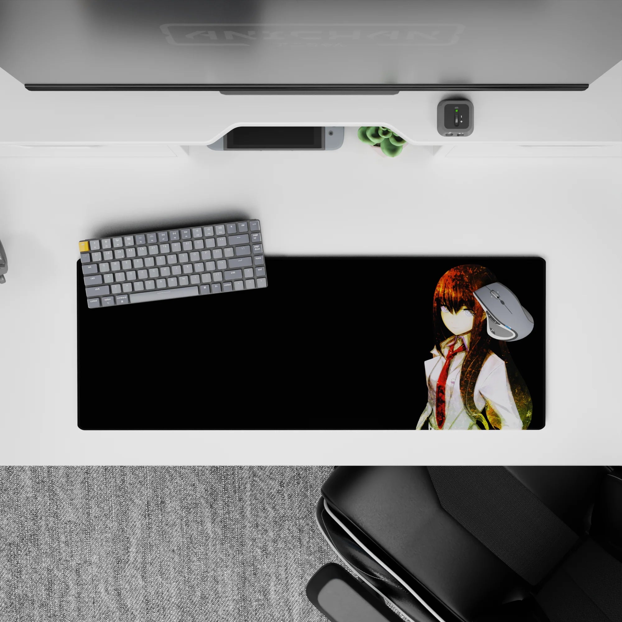 32x12 inches anime mouse pad in warm amber and crisp white tones, calm dramatic vibe on deep black.