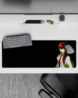 32x12 inches anime mouse pad in warm amber and crisp white tones, calm dramatic vibe on deep black.