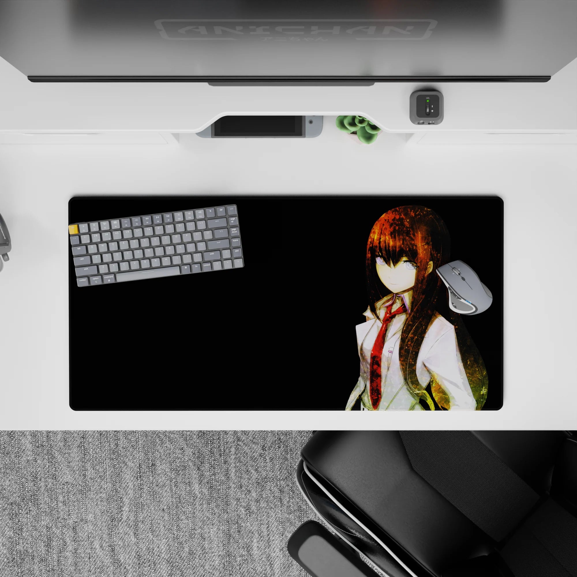32x16 inches anime mouse pad in warm amber highlights and dark tones, calm intense vibe with film-grain texture.