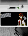 32x16 inches anime mouse pad in warm amber highlights and dark tones, calm intense vibe with film-grain texture.