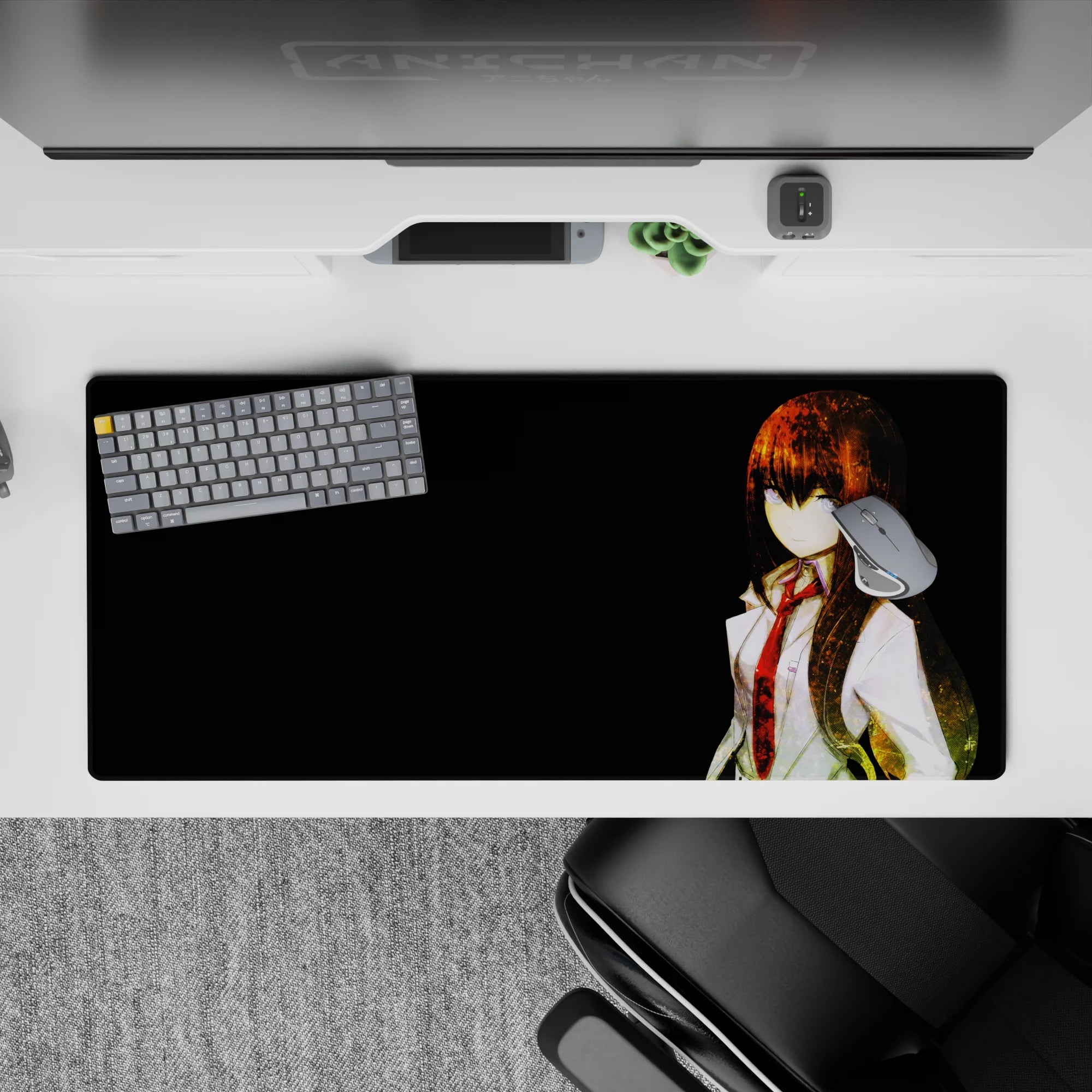 36x16 inches anime desk pad in warm amber highlights on black, calm intense vibe with clean negative space.