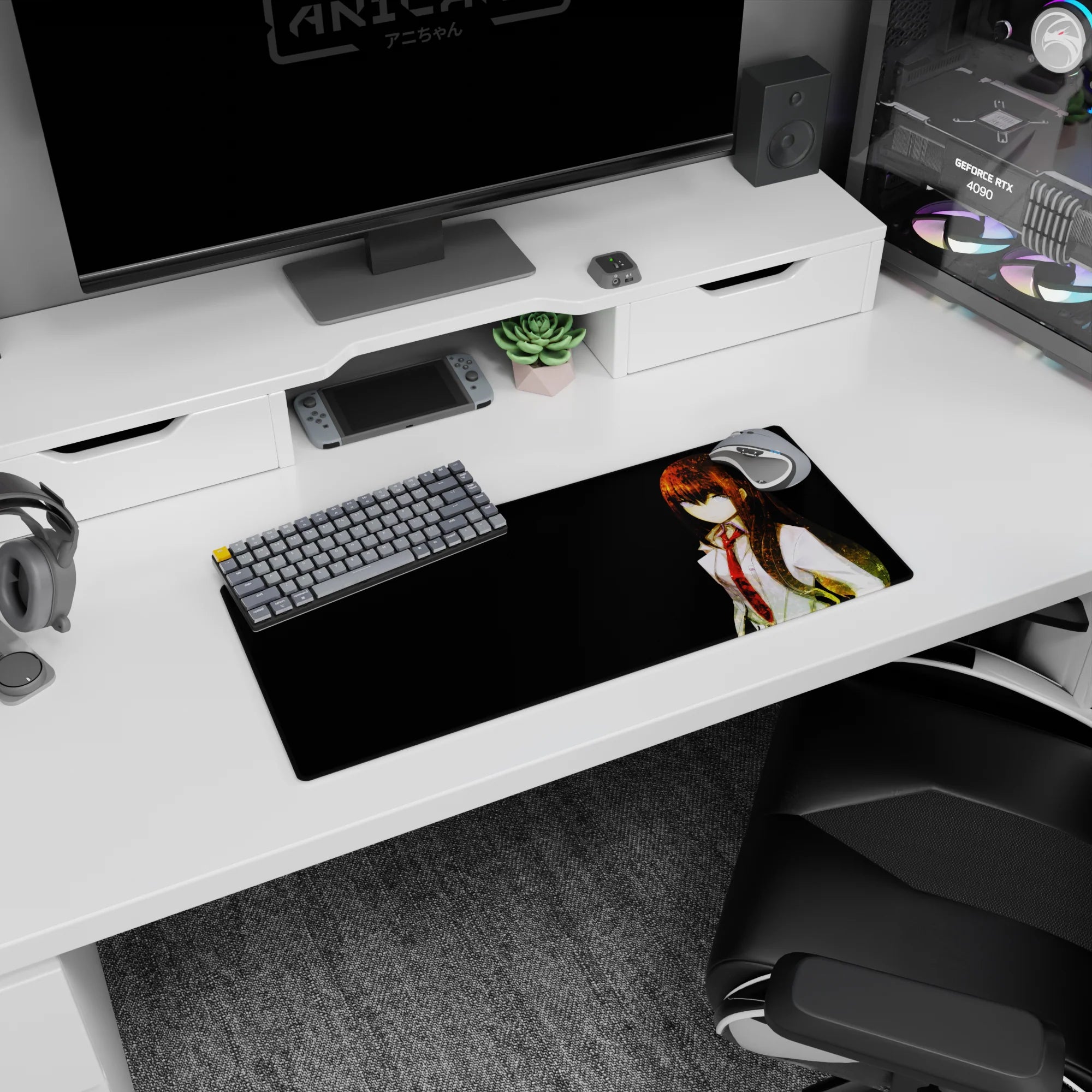 Anime girl scientist in white lab coat and red tie, sharp gaze with amber sparks, 28x12 inches mouse pad.