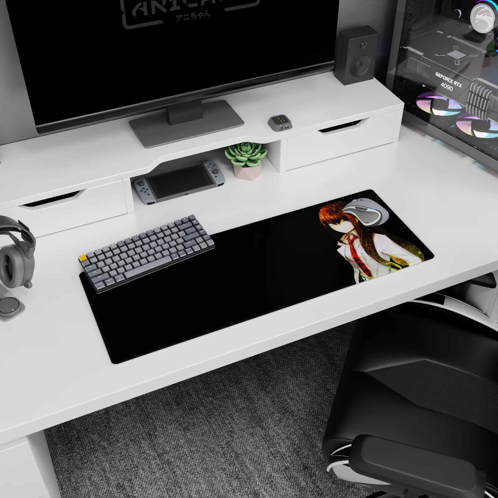 32x12 inches anime mouse pad showing a sharp-eyed girl in white lab coat and red tie, dark hair glowing.