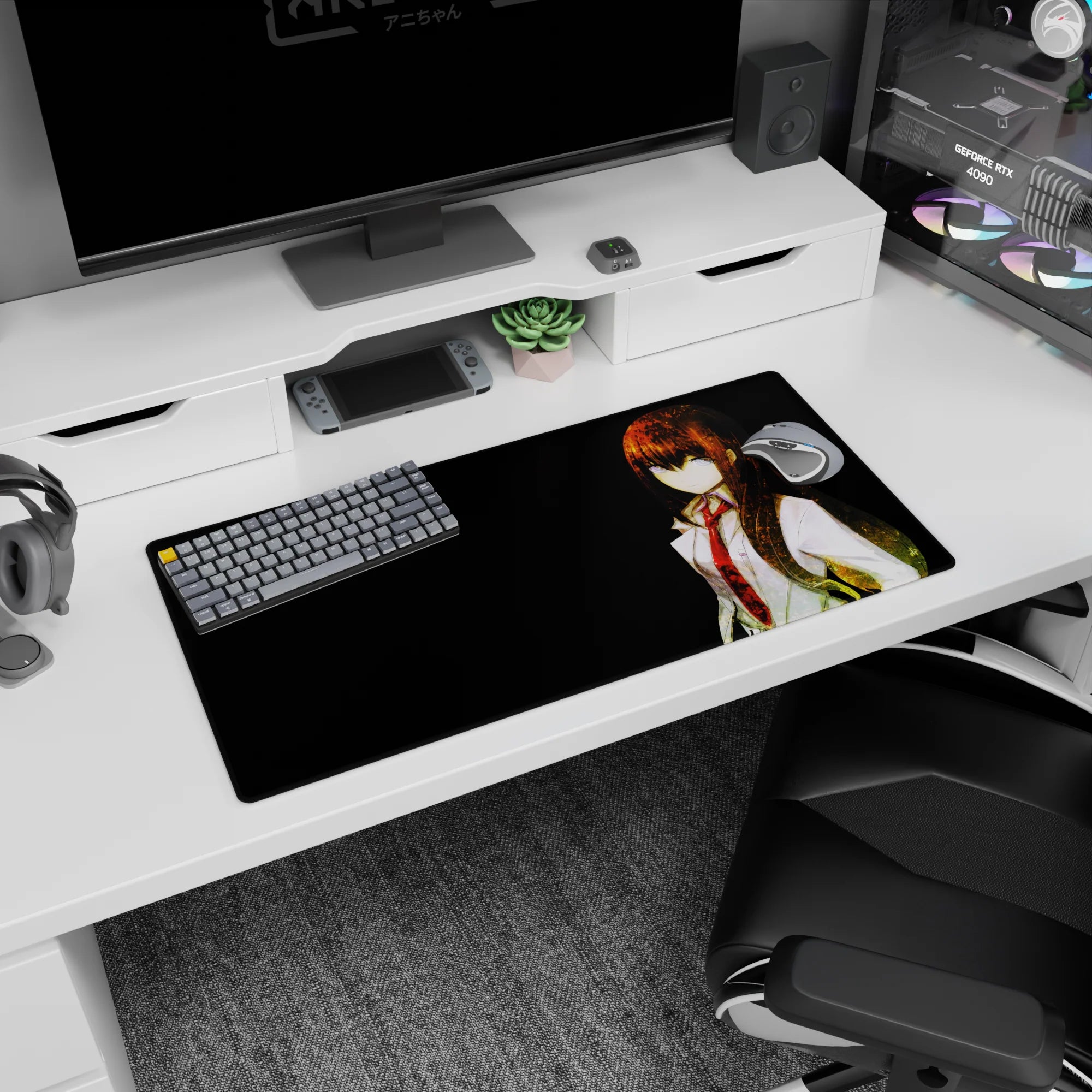 32x16 inches anime mouse pad showing a calm scientist girl, long dark hair with amber sparks, white coat and red tie.