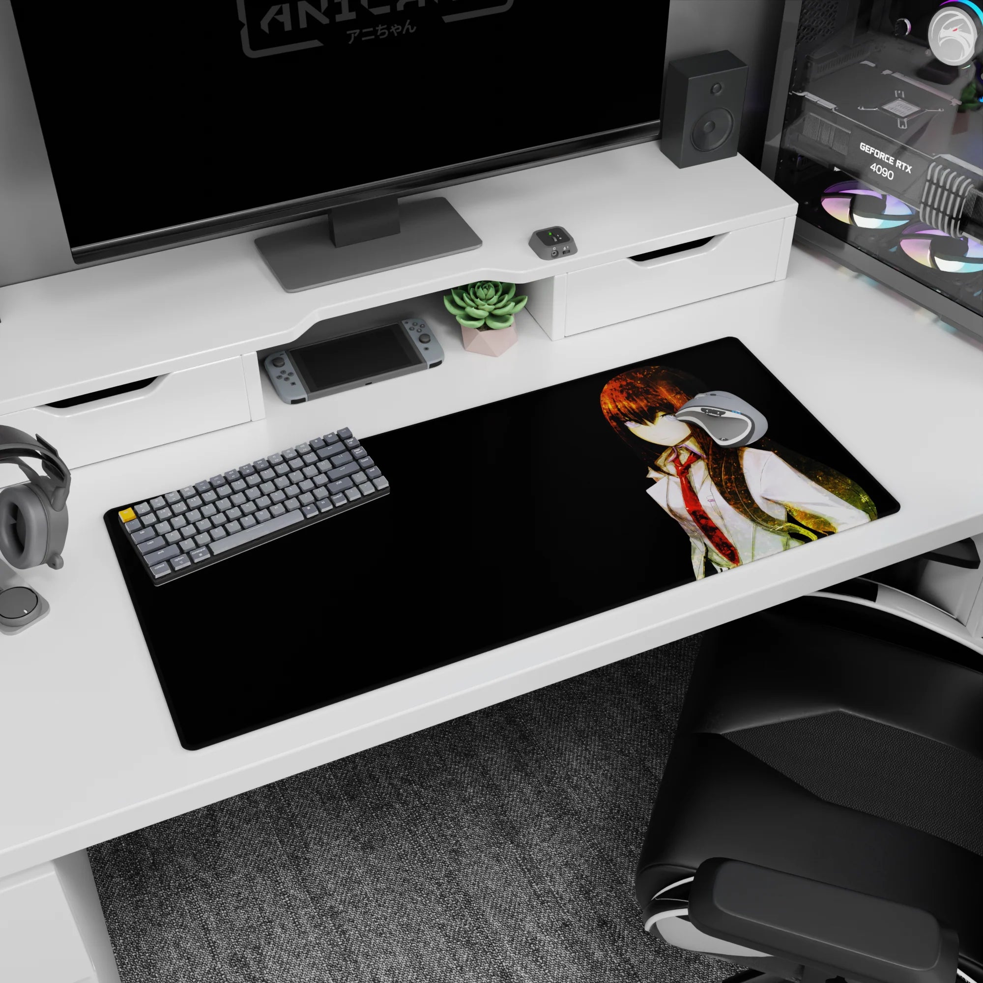 Anime desk pad 36x16 inches showing sharp-gazed girl in white lab coat and red tie, long dark hair glowing.