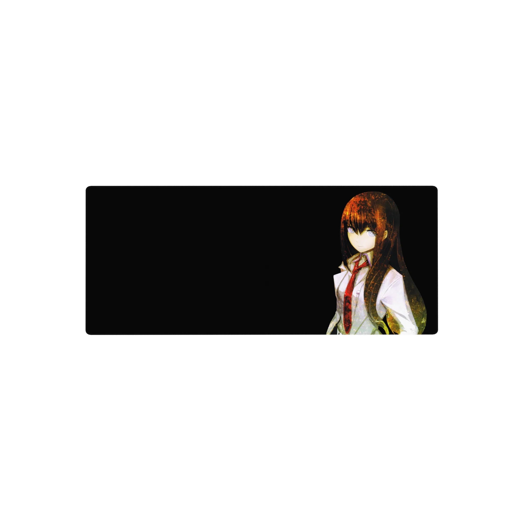 Anime mouse pad 28x12 inches with lab coat girl on black background, cinematic film-grain finish.