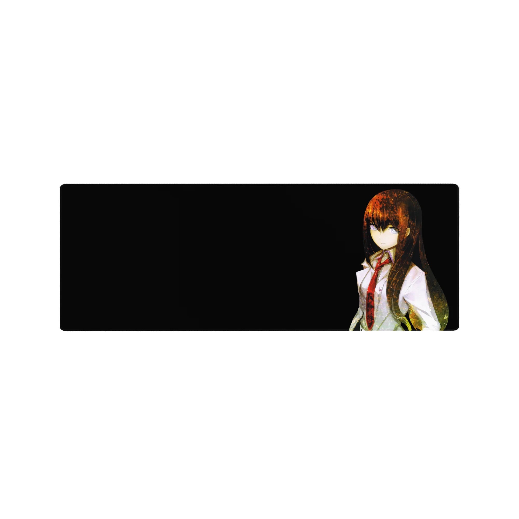 32x12 inches anime mouse pad featuring a lab coat girl on black background with film-grain texture.