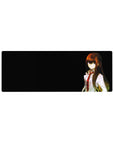32x12 inches anime mouse pad featuring a lab coat girl on black background with film-grain texture.