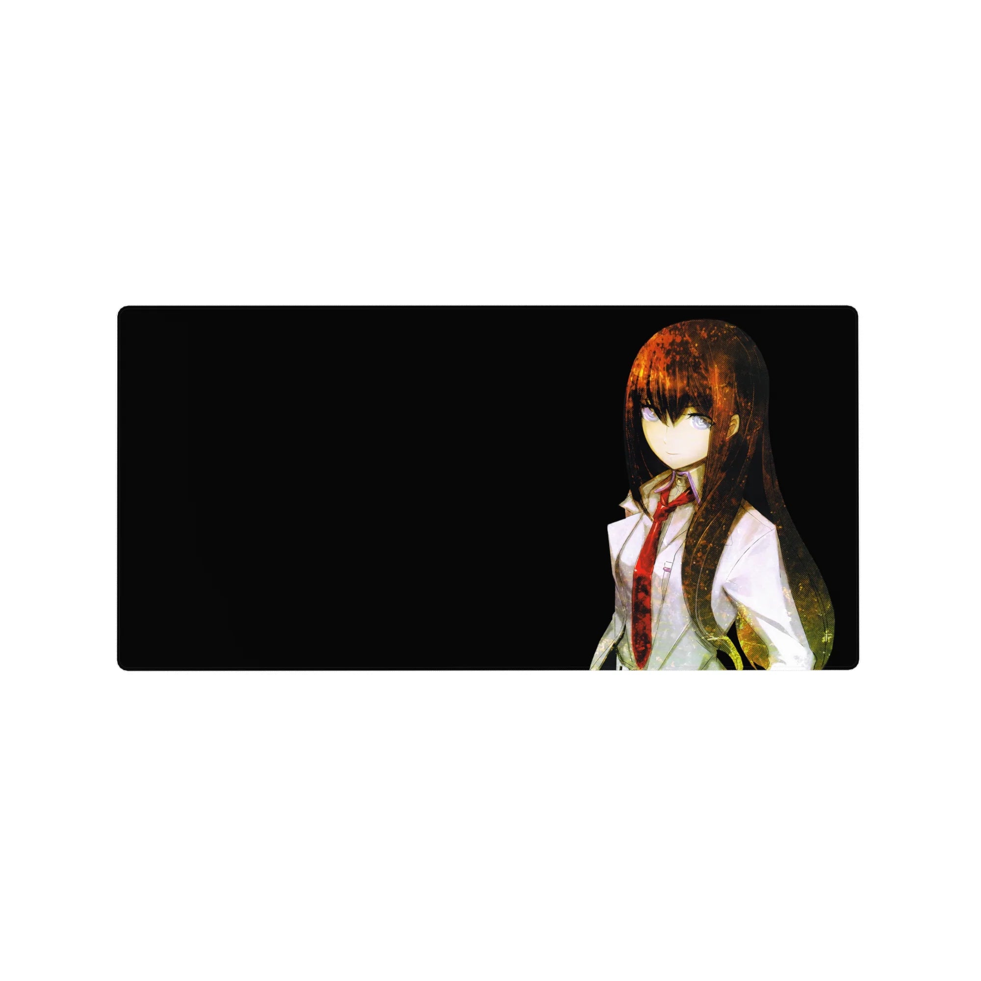 32x16 inches anime mouse pad with sharp-gazed girl in lab coat and red tie on a clean black background.