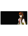 32x16 inches anime mouse pad with sharp-gazed girl in lab coat and red tie on a clean black background.