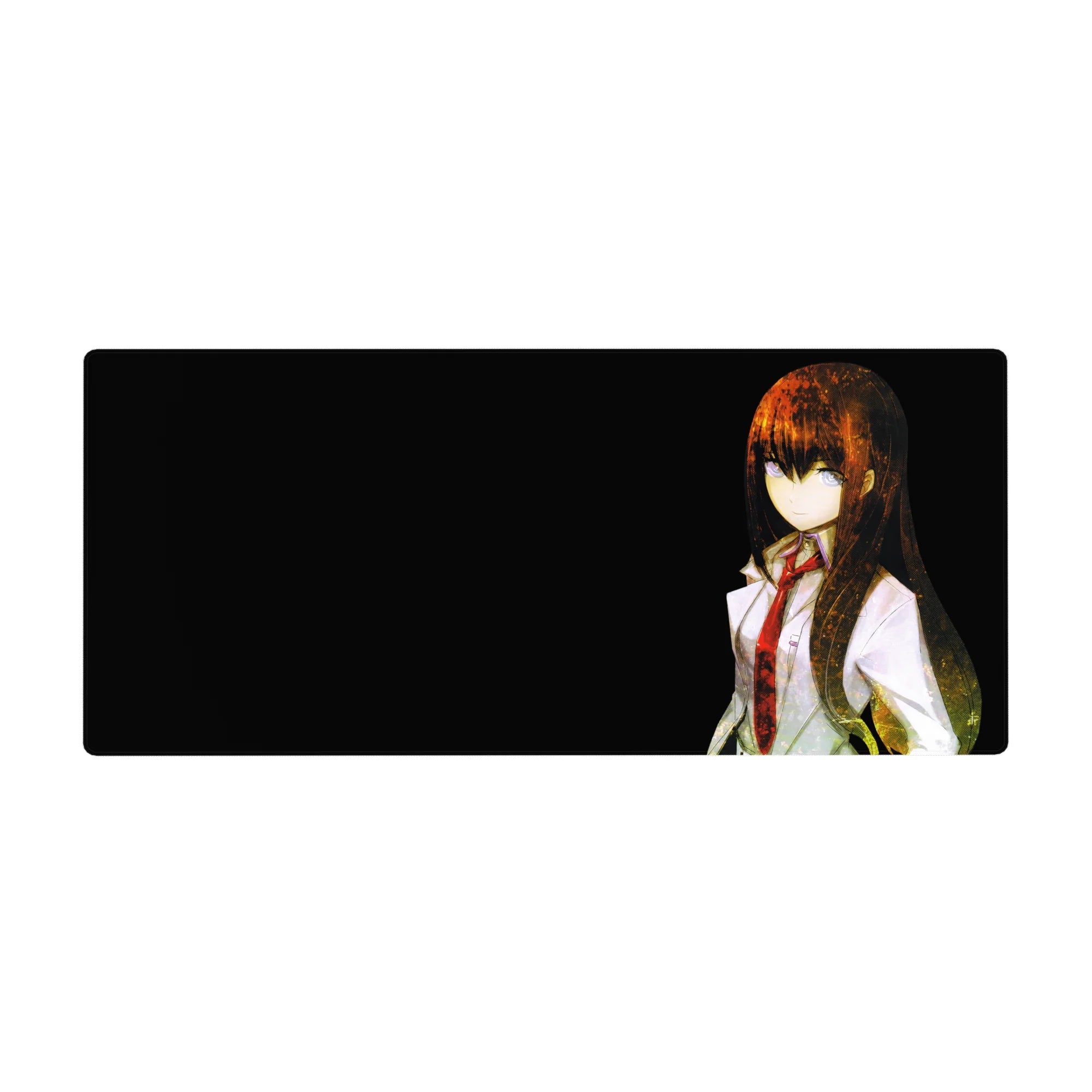 Anime desk pad 36x16 inches with lab coat girl, red tie, dark background, cinematic grain texture.