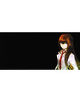 Anime desk pad 36x16 inches with lab coat girl, red tie, dark background, cinematic grain texture.