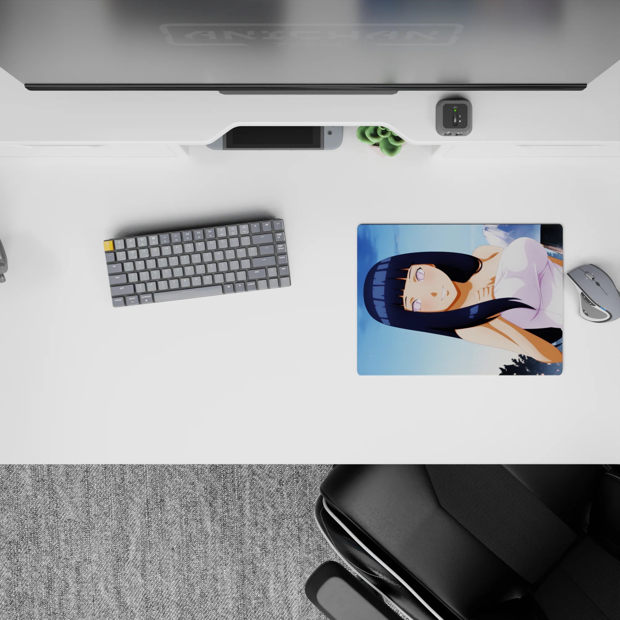 Lavender eyes and dark blue hair on a clean white dress, soft shy vibe mouse pad 14x10 inches.