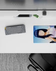 Lavender eyes and dark blue hair on a clean white dress, soft shy vibe mouse pad 14x10 inches.