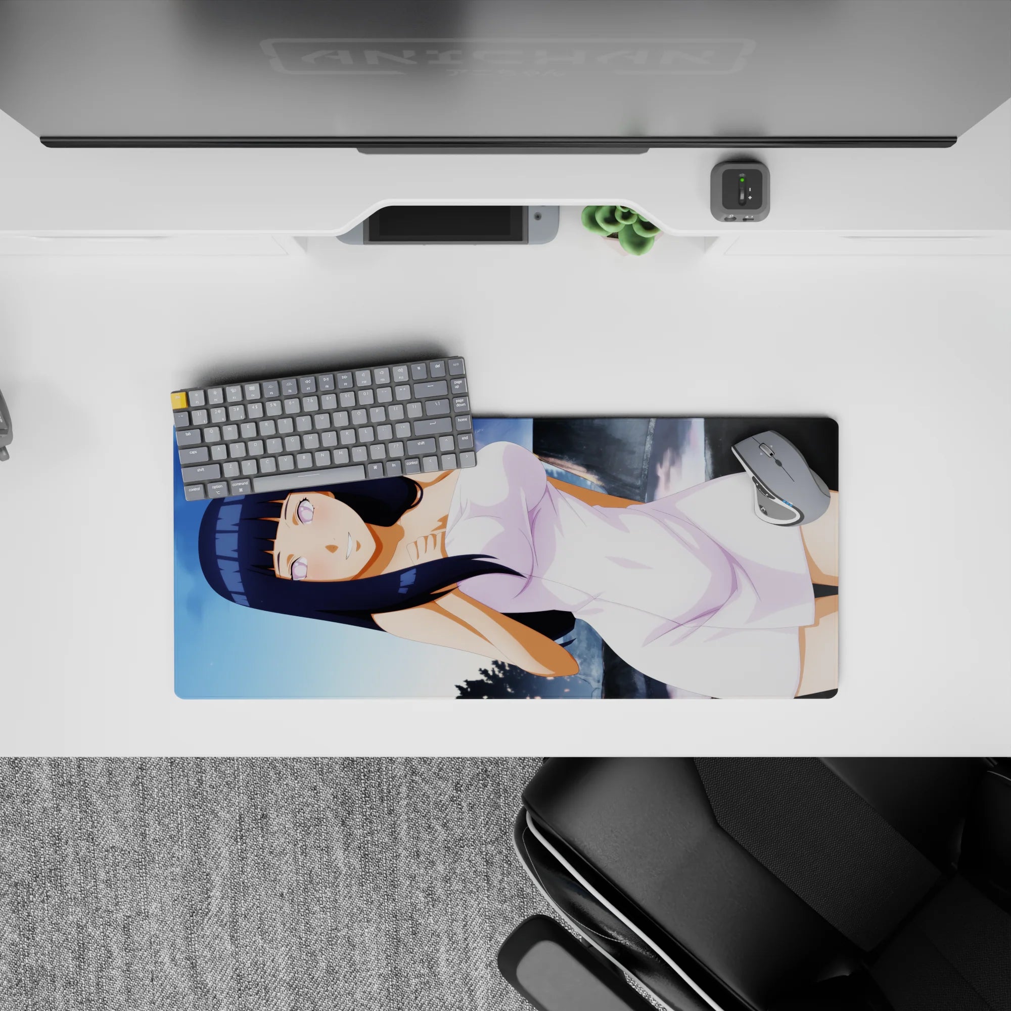 28x12 inches desk mat in clean white and lavender tones, soft shy vibe, dark blue hair accents.