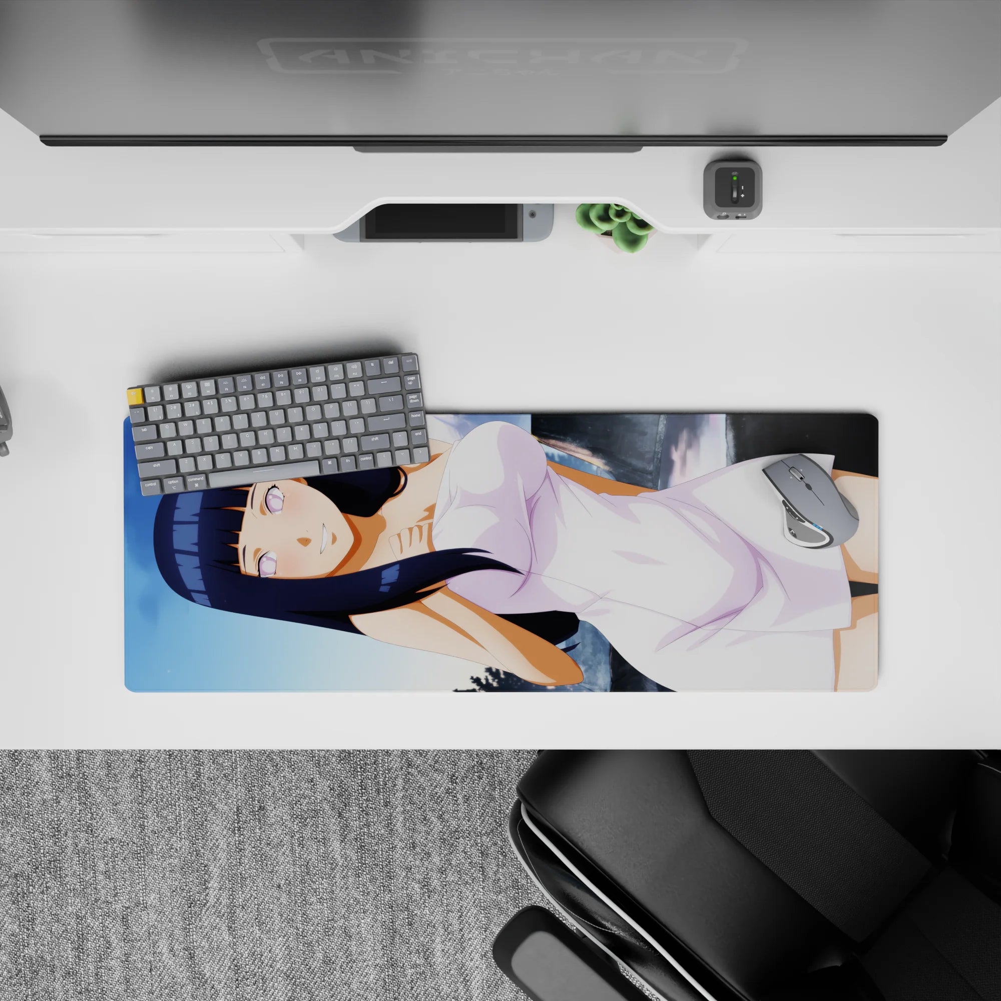 32x12 inches anime girl mouse pad with lavender eyes, dark blue hair, clean whites, and soft shy vibes.