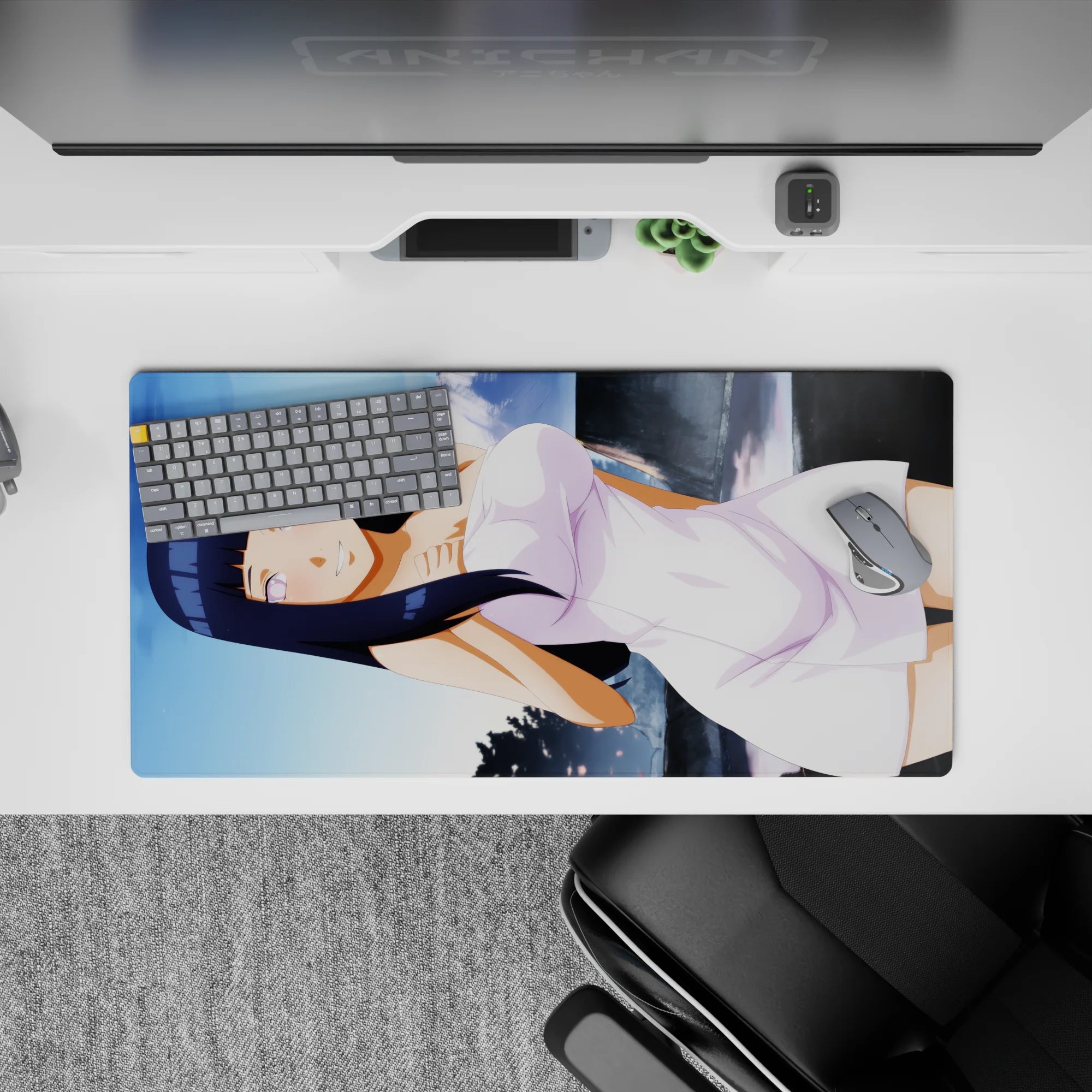 32x16 inches kawaii desk mat with lavender eyes, dark blue hair, white dress, soft shy vibe.